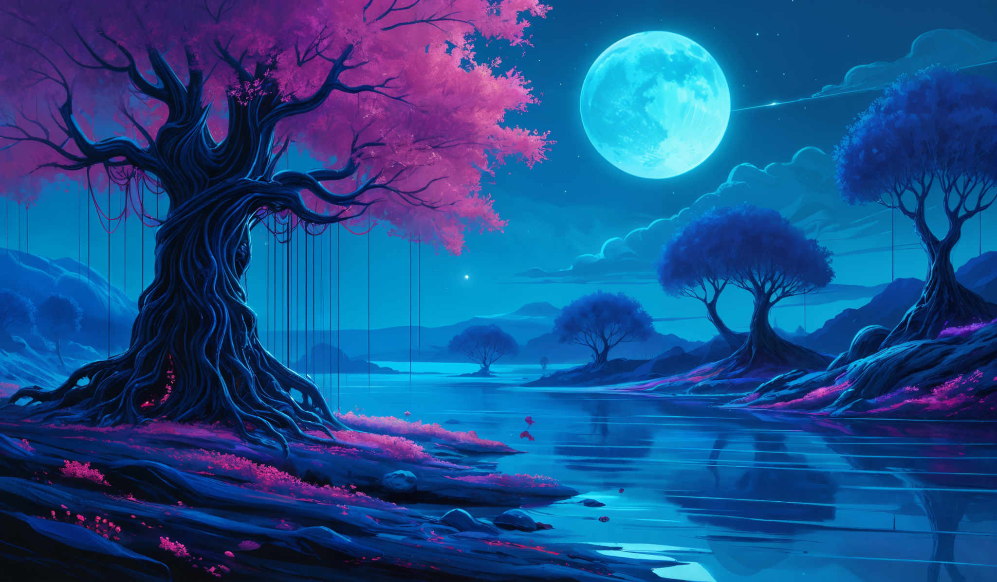 The image showcases a vibrant and mystical landscape. Dominating the scene is a large, twisted tree with gnarled roots and branches that seem to reach out in various directions. The tree's leaves are a striking shade of pink, contrasting beautifully with the deep blue of the night sky. The moon, appearing almost full, shines brightly in the sky, casting a soft glow over the scene. In the background, there are other trees, some of which are silhouetted against the moonlight. The landscape is surrounded by calm waters that reflect the trees and the moon, adding to the serene ambiance. The overall color palette is a mix of deep blues, vibrants pinks, and purples, creating a dreamy and otherworldly atmosphere.