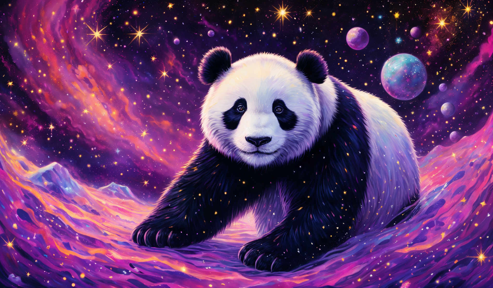 The image showcases a vibrant and colorful cosmic background with swirling nebulae in hues of purple, pink, and orange. There are multiple celestial bodies, including planets and stars, scattered throughout. Dominating the foreground is a panda, which appears to be floating or resting on a cosmic landscape. The panda is black and white, with a calm and serene expression. The landscape around the panda has a mix of purples, pinks, and blues, giving it a dreamy and ethereal quality.