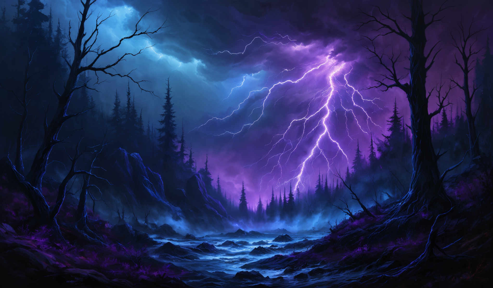 The image showcases a vibrant and dramatic landscape. The dominant colors are shades of purple, blue, and black. The sky is filled with dark clouds, from which a powerful lightning bolt strikes down, illuminating the scene with a bright white light. The landscape is dominated by tall, leafless trees with twisted branches, and a dense forest can be seen in the background. A river or stream flows through the foreground, its waters reflecting the colors of the sky. The ground is covered with rocks and patches of purplish vegetation.