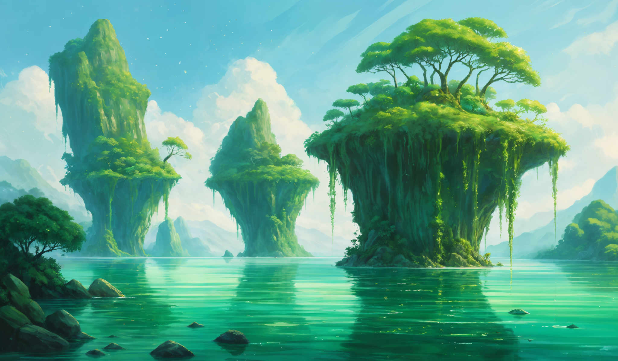 The image showcases a serene and picturesque landscape. Dominating the scene are tall, slender rock formations that rise majestically from the calm waters below. These formations are covered in lush green vegetation, with trees growing atop some of them. The water is a vibrant shade of turquoise, reflecting the sky and the surrounding environment. The sky is clear with a few scattered clouds, and there are distant mountains visible in the background. The overall color palette is dominated by shades of green, blue, and turquois, evoking a sense of tranquility and natural beauty.