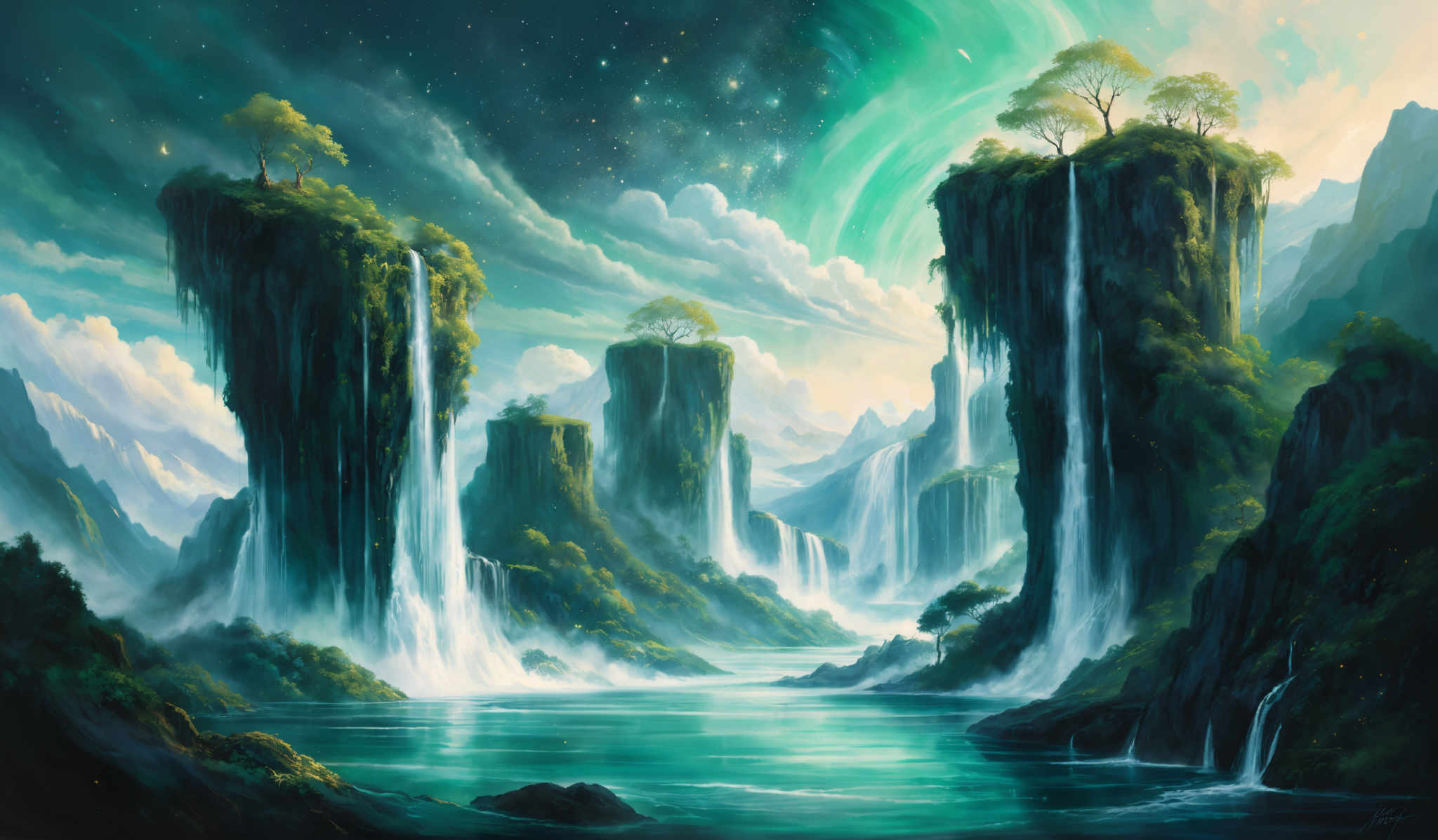 The image showcases a breathtaking landscape with tall, vertical rock formations that resemble islands or cliffs. These formations are covered with lush greenery, including trees and moss. Waterfalls cascade down from these cliffs into a serene body of water below. The sky above is a mix of deep blues and greens, with swirling clouds and a radiant green aurora-like phenomenon. Stars are scattered across the sky, adding to the mystical ambiance. The overall color palette is dominated by shades of green, blue, and white, creating a tranquil and dreamlike atmosphere.