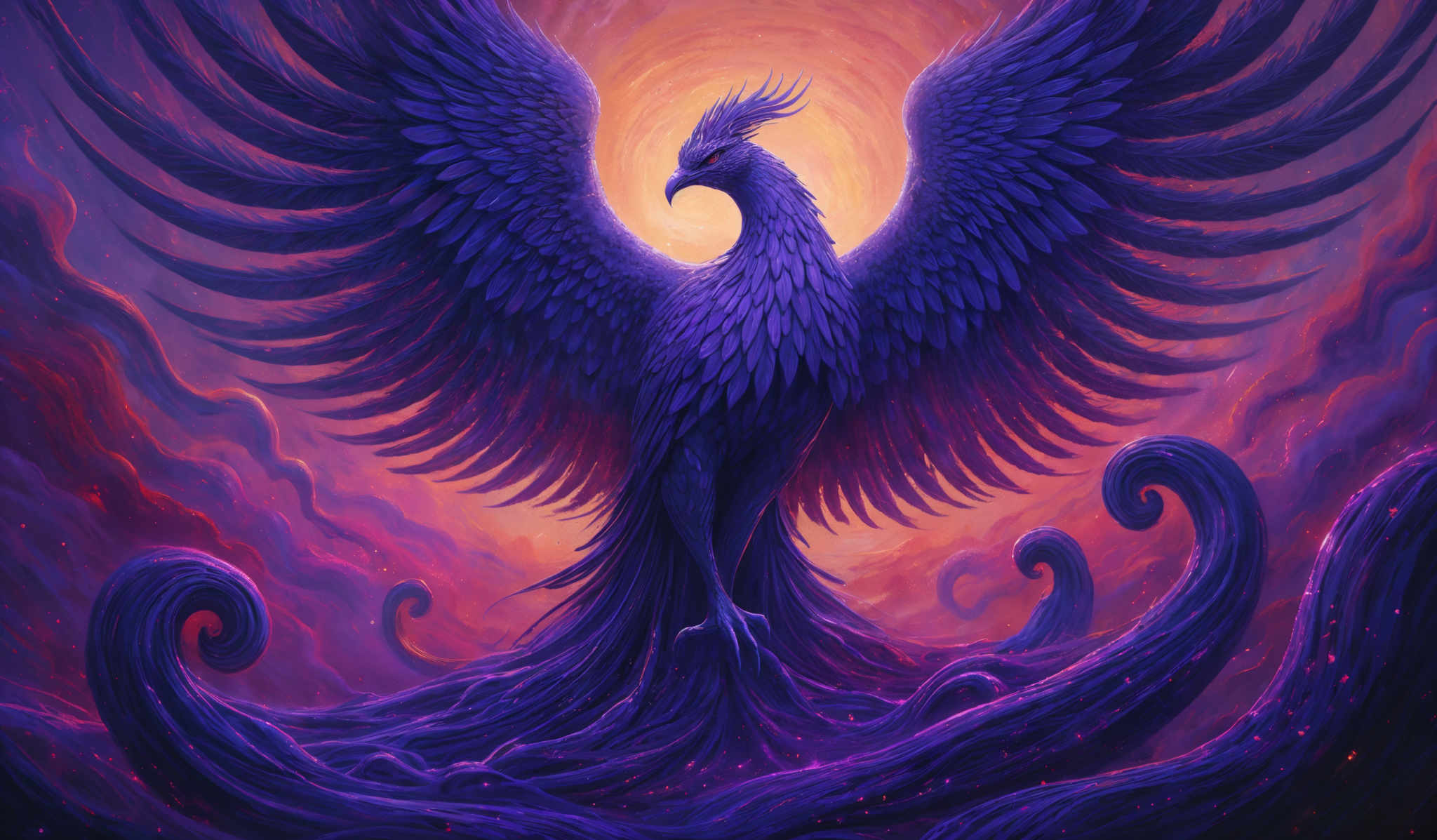 The image showcases a majestic bird, possibly a phoenix, with its wings spread wide. The bird is predominantly blue in color, with intricate feather details. The background is a vibrant mix of purples, reds, and oranges, creating an ethereal and fiery ambiance. The creature stands atop a series of intertwined, wavy structures that resemble roots or tendrils, which are also colored in deep purples and reds. The overall composition gives a sense of power, transformation, and rebirth.