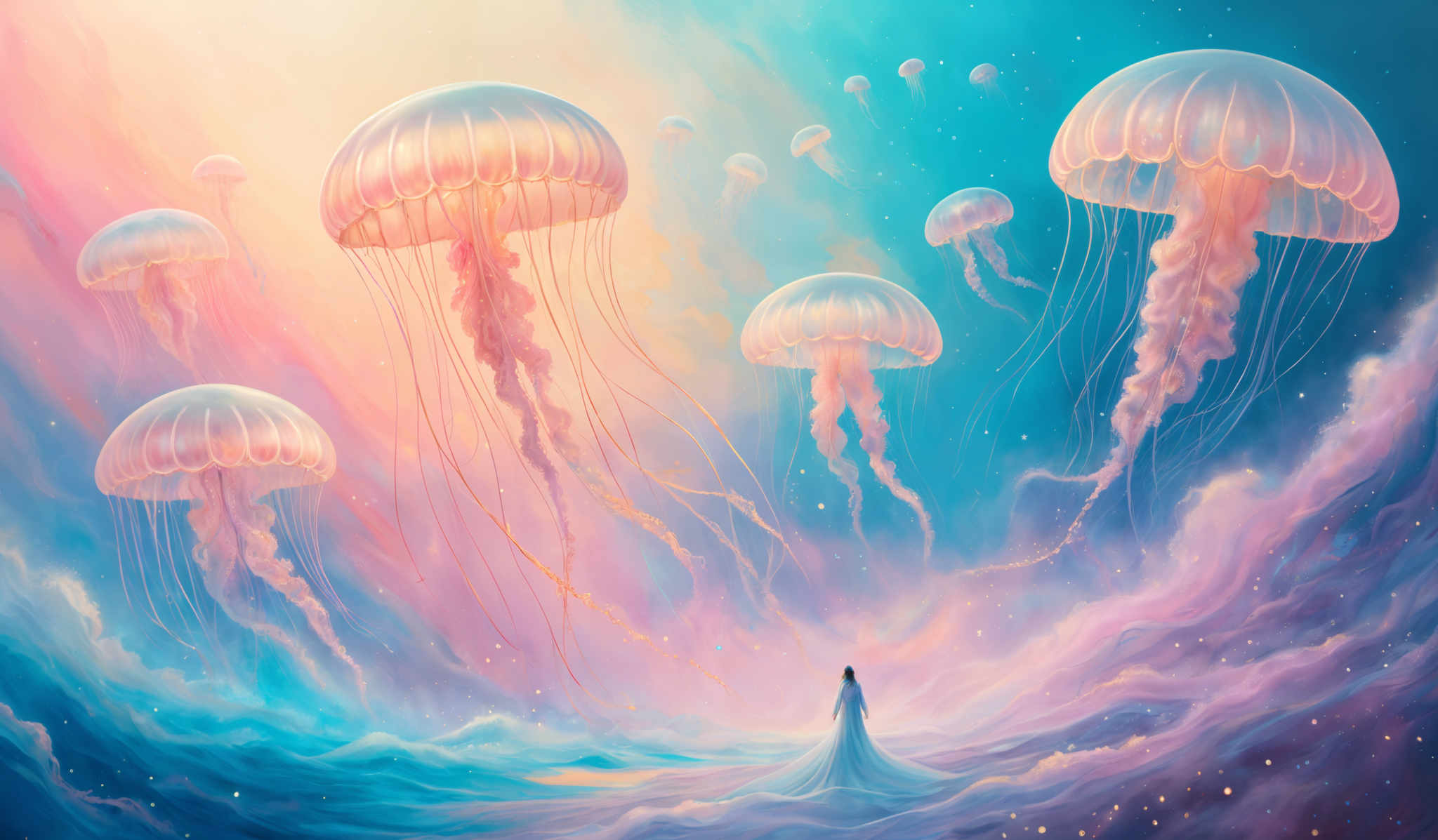 The image showcases a vibrant and ethereal scene. The dominant colors are shades of blue, pink, and turquoise, creating a dreamy atmosphere. The shape of the image is dominated by large, translucent jellyfish floating in the air, with their delicate tentacles trailing behind. These jelly fish are illuminated from within, giving them a glowing appearance. At the bottom of the scene, there's a lone figure, possibly a woman, draped in a flowing white gown, standing amidst a swirling mist. The entire setting is enveloped in an otherworldly aura, with tiny sparkles scattered throughout, adding to the magical ambiance.