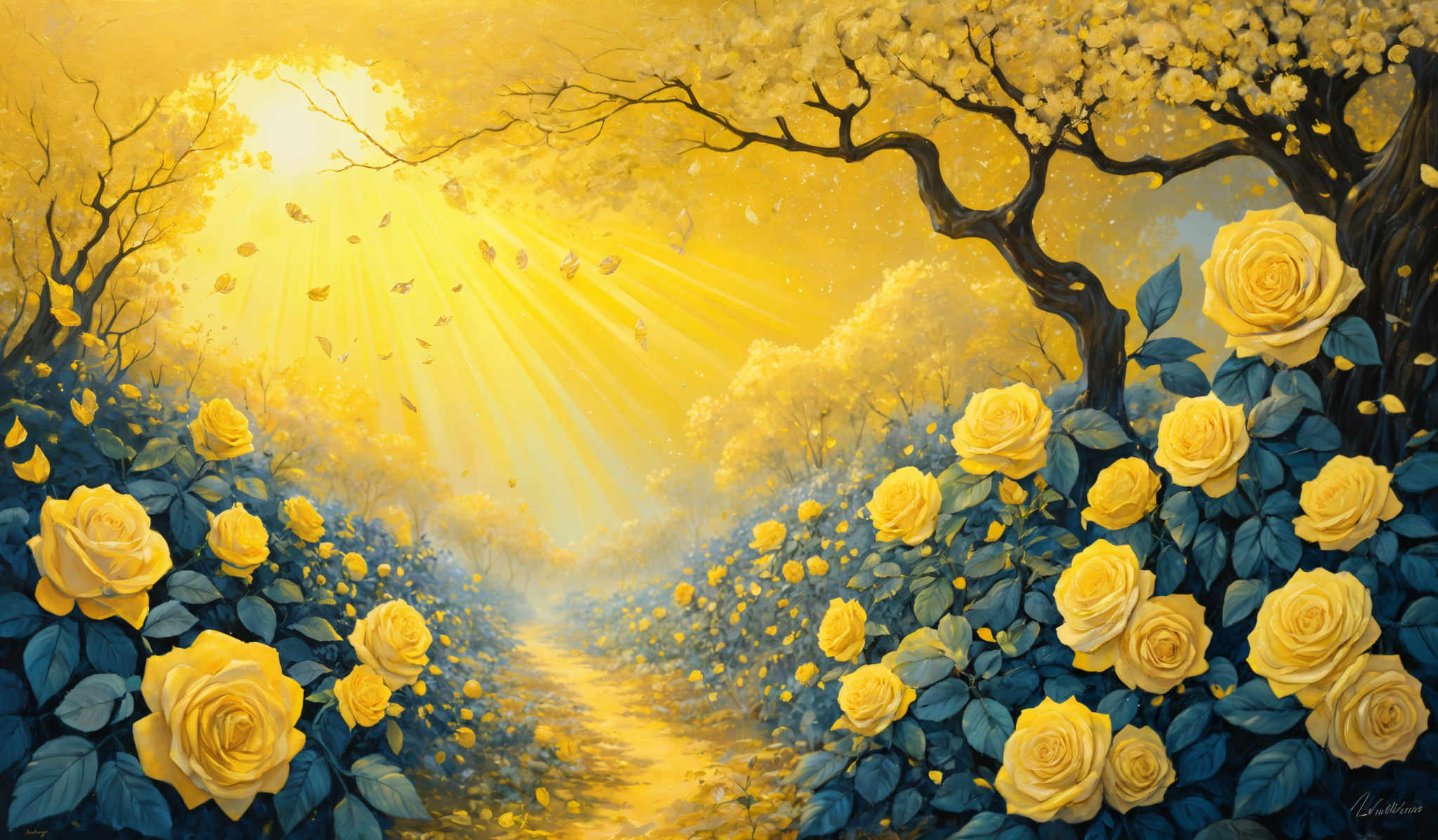 The image showcases a vibrant and picturesque landscape dominated by warm hues. The sky is awash with golden rays of sunlight, casting a radiant glow over the scene. A large, twisted tree stands prominently on the left, its branches adorned with yellow blossoms that mirror the sun's glow. A pathway, bordered by a sea of yellow roses, leads the viewer's eye deeper into the image, where the roses give way to a dense forest of blue-green foliage. Butterflies flutter around, adding to the dreamy atmosphere. The entire scene exudes a sense of serenity and beauty.