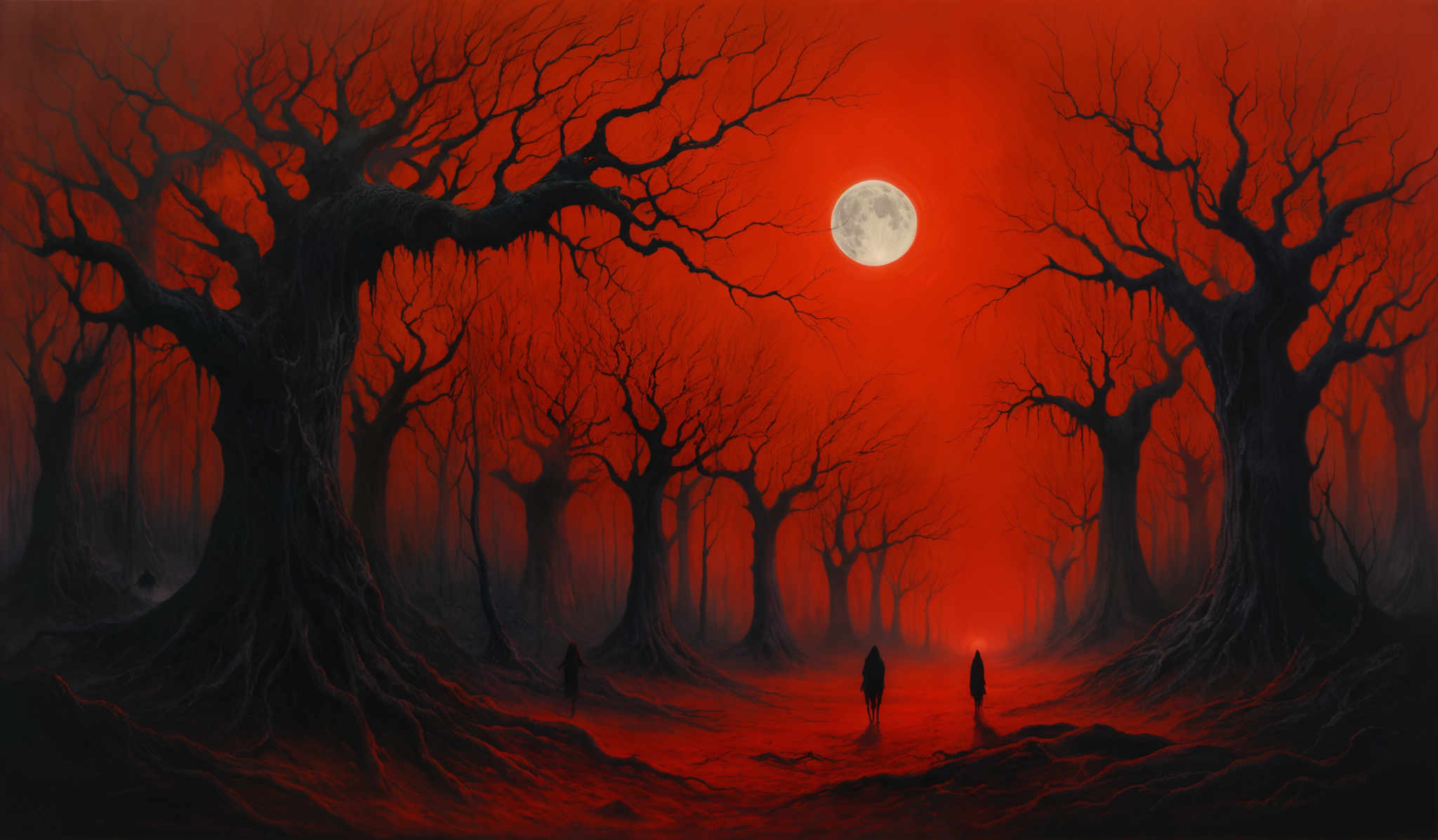 The image predominantly features a deep red hue, creating an eerie and mysterious ambiance. The background showcases a large, gnarled tree with its branches sprawling outwards, giving it a haunting appearance. The moon, appearing full and bright, is positioned in the center, casting a soft glow over the scene. The ground is covered in a red mist or fog, and there are silhouettes of three figures walking on a pathway that leads towards the moon. The overall mood of the image is dark, foreboding, and surreal.