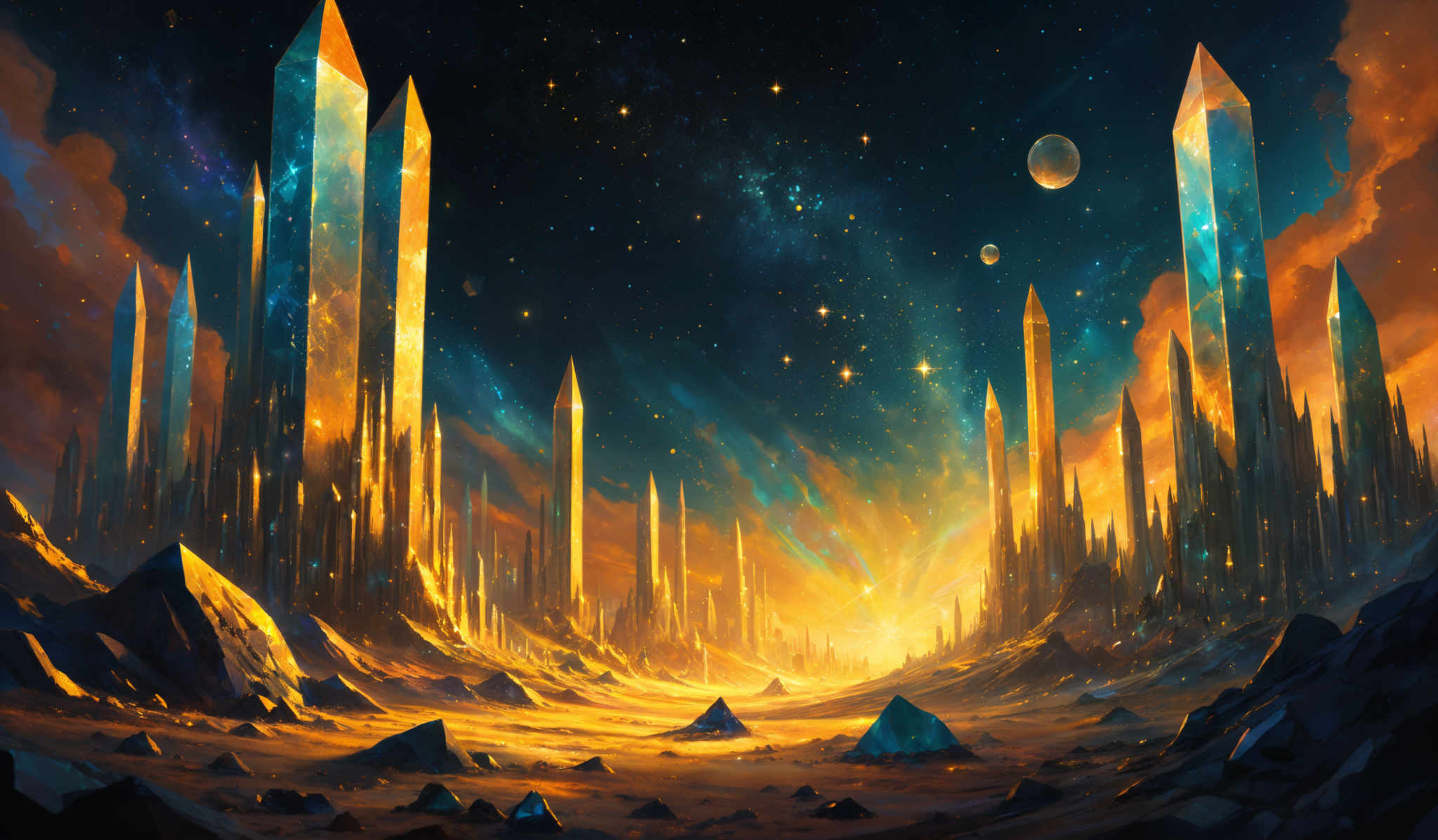 The image showcases a surreal landscape dominated by tall, crystalline structures that pierce the sky. These structures are elongated and appear to be made of a translucent material, reflecting hues of blue and gold. The sky is a vibrant mix of deep blues, fiery oranges, and hints of purple, suggesting either a sunrise or sunset. Stars and celestial bodies are scattered throughout the sky, adding to the otherworldly ambiance. The ground is rugged with sharp rocks and debris scattered around, and there's a pathway leading towards the base of the structures.