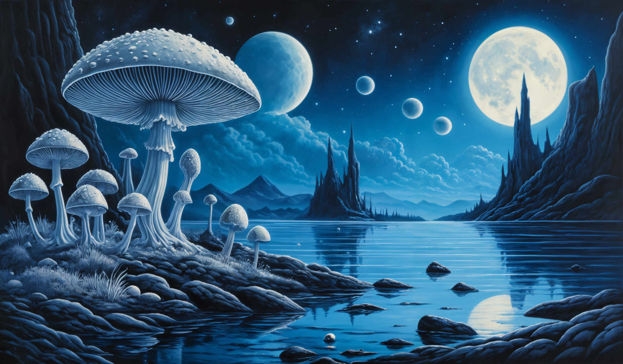 The image predominantly features shades of blue, creating a serene and mystical atmosphere. The landscape features towering rock formations on either side, with a calm body of water in the foreground. The most striking element is a large mushroom, which stands tall and is prominently placed in the center. This mushrooms cap is adorned with numerous white spots, resembling a night sky filled with stars. In the background, multiple celestial bodies, possibly planets or moons, are visible, adding to the otherworldly feel of the scene.