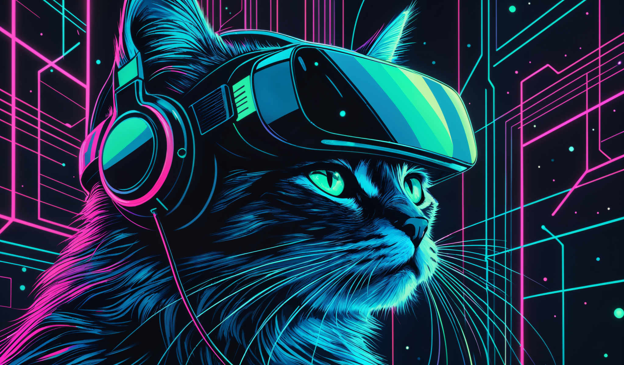 The image showcases a vibrant and neon-colored depiction of a cat. The cat has a detailed and realistic appearance with striking blue and green eyes. It is wearing a pair of headphones with a large circular earpiece and a smaller earbud. The background is filled with intricate patterns of neon lines and shapes, predominantly in shades of pink, blue, and green, creating a cyberpunk or futuristic ambiance.