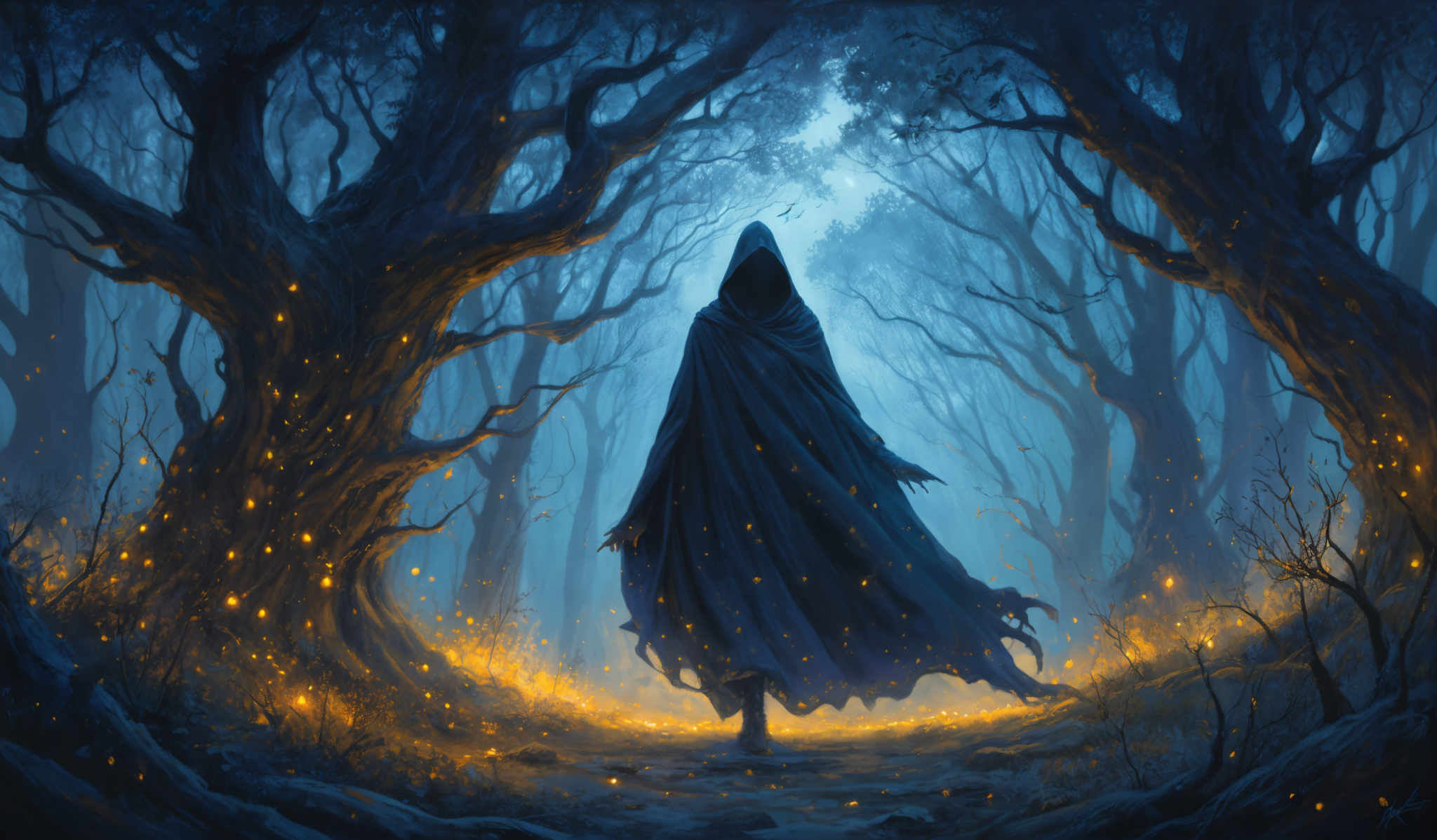 The image showcases a dark, eerie forest with gnarled trees. The ground is covered in leaves and there's a misty atmosphere. The most striking feature is a cloaked figure with a hood, standing amidst the trees. This figure is surrounded by a glow, possibly from fireflies or some other luminescent source, casting an ethereal light on the surroundings. The color palette is dominated by deep blues and blacks, with occasional bright orange and yellow from the glowing elements.