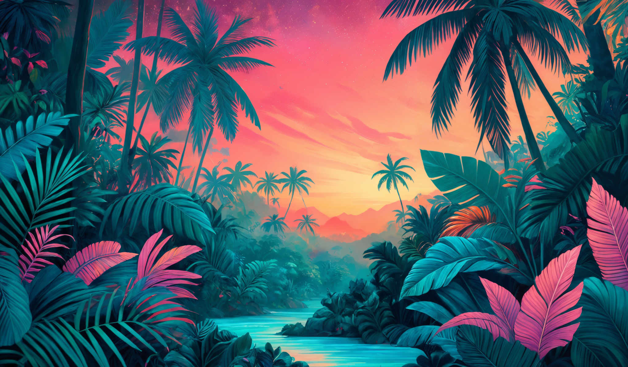 The image showcases a vibrant and colorful tropical landscape during sunset or sunrise. Dominating the scene are tall palm trees with fringed leaves, standing against a backdrop of a radiant sky transitioning from deep blue to fiery orange. The ground is adorned with various tropical plants, including ferns and banana leaves, all rendered in shades of green, pink, and purple. A serene river or stream flows through the center, reflecting the colors of the sky. The overall ambiance is one of tranquility and natural beauty.