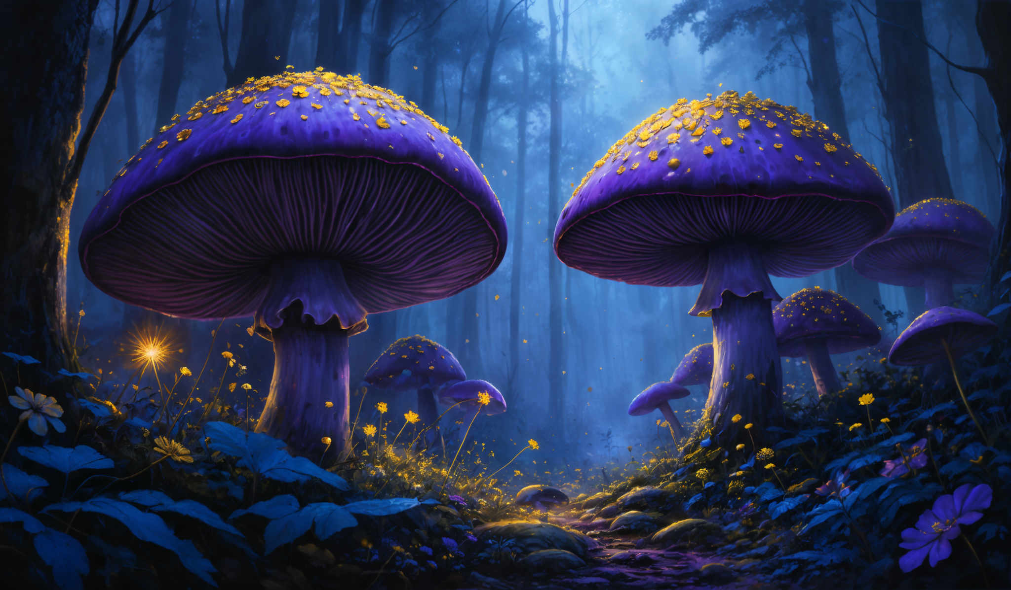 The image showcases a mystical forest scene dominated by large, vibrant mushrooms. These mushroom caps are a deep shade of purple with golden spots on top. The stems of the mushrooms are slender and appear to be made of a dark material. The forest floor is covered in blue-green foliage, interspersed with bright yellow flowers. There's a soft, ethereal light permeating the scene, casting a gentle glow on the moss-covered rocks and the surrounding vegetation.