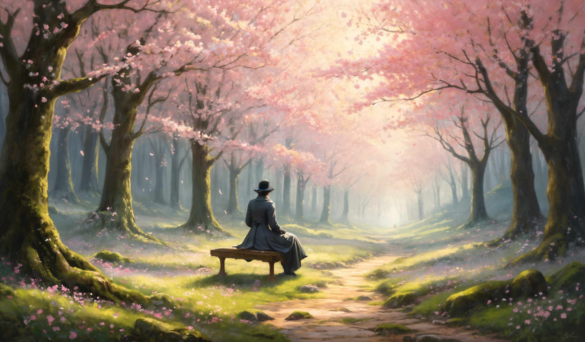 The image showcases a serene landscape dominated by tall trees with thick trunks and branches covered in pink blossoms. The ground is carpeted with green grass, interspersed with small pink flowers. A soft mist permeates the scene, adding a dreamy quality. In the foreground, there's a person sitting on a wooden bench, facing away from the viewer, wearing a long coat and a hat. The overall color palette is soft and pastel, with the pink of the blossom trees contrasting beautifully with the green of the grass and the muted tones of the person's attire.