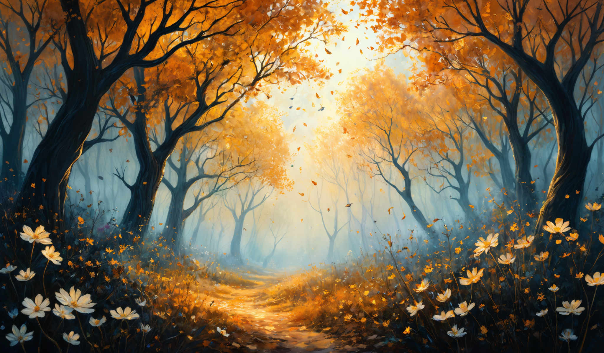 The image showcases a serene forest scene during autumn. The dominant colors are shades of orange, yellow, and blue. The trees have tall, slender trunks and their branches are adorned with vibrant orange and yellow leaves, which are falling in a gentle cascade. The forest floor is covered with fallen leaves, and there are white flowers scattered throughout. A soft mist envelops the background, giving the scene a dreamy and ethereal quality.