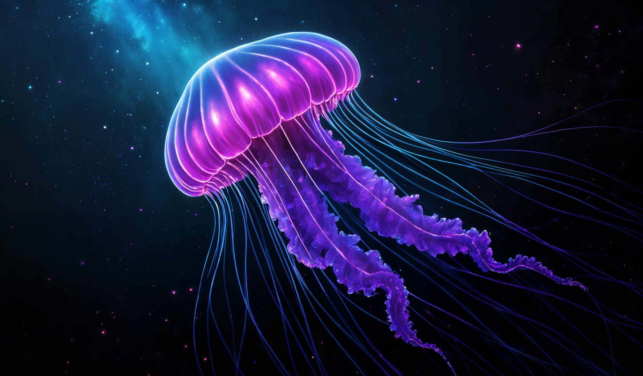 The image showcases a vibrant and mesmerizing depiction of a jellyfish. The jelly fish has a translucent, dome-shaped bell with radiant hues of pink and purple. Its tentacles are long and delicate, trailing behind in a graceful manner. The tentacles exhibit a luminescent quality, emitting a soft blue glow. The background is a deep, starry space, with a cosmic aura that adds to the ethereal beauty of the jellyfish.