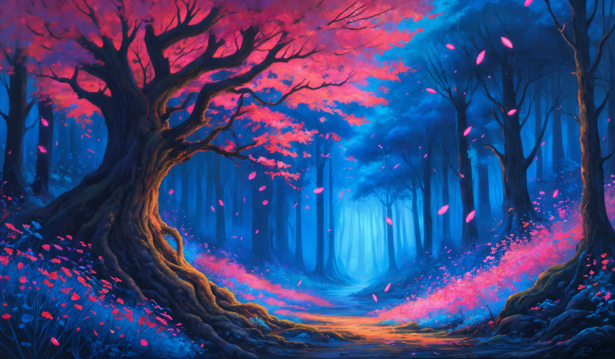 The image showcases a vibrant and mystical forest scene. Dominating the foreground is a large, twisted tree with a canopy of bright pink leaves. The tree's roots are exposed and seem to glow with a golden hue. The ground is covered with a carpet of pink flowers and blue moss, creating a contrasting pattern. The background reveals a series of tall, slender trees with a blue mist enveloping them, giving the forest a dreamy and ethereal appearance. The entire scene is bathed in a soft blue light, creating an otherworldly ambiance.