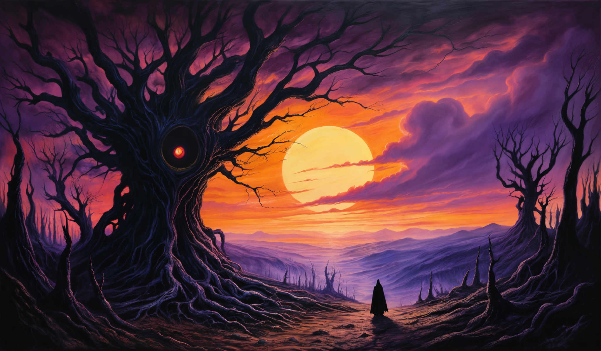 The image showcases a vibrant and dramatic landscape dominated by hues of purple, orange, and red. The sky is painted with swirling clouds, and a large, glowing sun is prominently featured in the center. The foreground features a twisted, ancient-looking tree with a large eye-like structure in its trunk. The tree's roots sprawl out, intertwining with the ground and other barren trees. A solitary figure, possibly a traveler or a wanderer, stands on a pathway, gazing up at the tree and the horizon. The overall atmosphere is mystical and otherworldly.