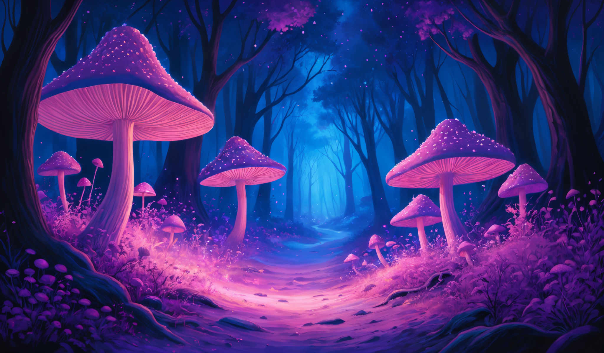 The image showcases a vibrant and mystical forest scene. Dominating the scene are large, luminescent mushrooms with a pinkish hue and white spots on their caps. These mushroom caps are shaped like umbrellas, with a wide, rounded top and a slender stem. The forest itself is enveloped in a deep blue hue, giving it a serene and dreamy ambiance. Tall, dark trees with slender trunks are scattered throughout the scene, their silhouettes contrasting against the luminous background. The ground is covered in a mix of pink and purple flowers, adding to the magical feel of the image, and there are also patches of blue light filtering through the trees, creating a surreal atmosphere.