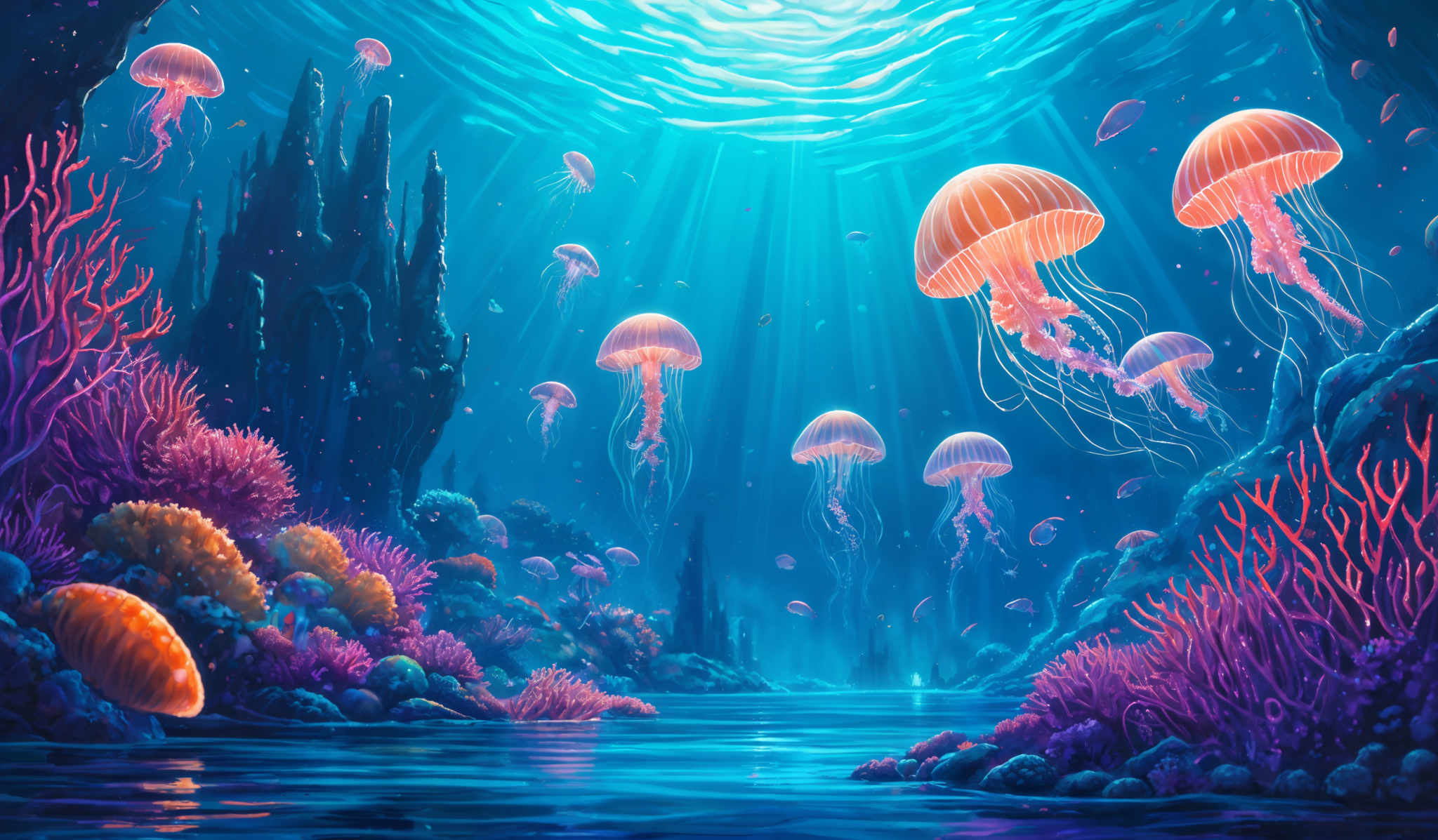 The image showcases a vibrant underwater scene. The dominant colors are shades of blue, representing the vastness of the ocean, and hues of pink and orange, depicting the jellyfish and coral formations. The jelly fish have a translucent, umbrella-shaped appearance with long, flowing tentacles. The coral reefs are depicted in various shapes and sizes, with some resembling tree-like structures and others appearing as mounds or plateaus. The water is depicted as a shimmering, reflective surface, and rays of light can be seen penetrating from the surface, illuminating the underwater world.