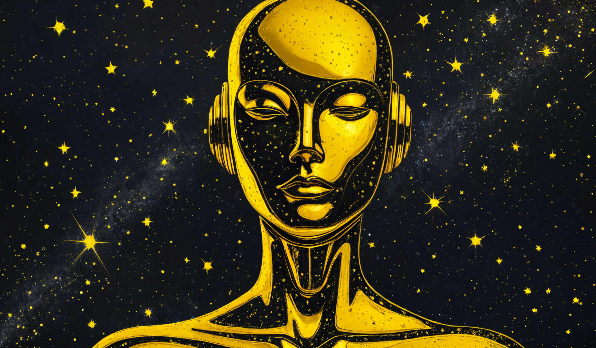 The image showcases a golden humanoid figure against a backdrop of a starry night sky. The figure appears to be made of a reflective material, giving it a shiny and polished appearance. It has a serene expression with closed eyes and a relaxed posture. The background is filled with twinkling stars, some of which are brighter than others, creating a sense of depth and vastness. The overall color palette is dominated by deep blues and golds, creating an ethereal and otherworldly atmosphere.