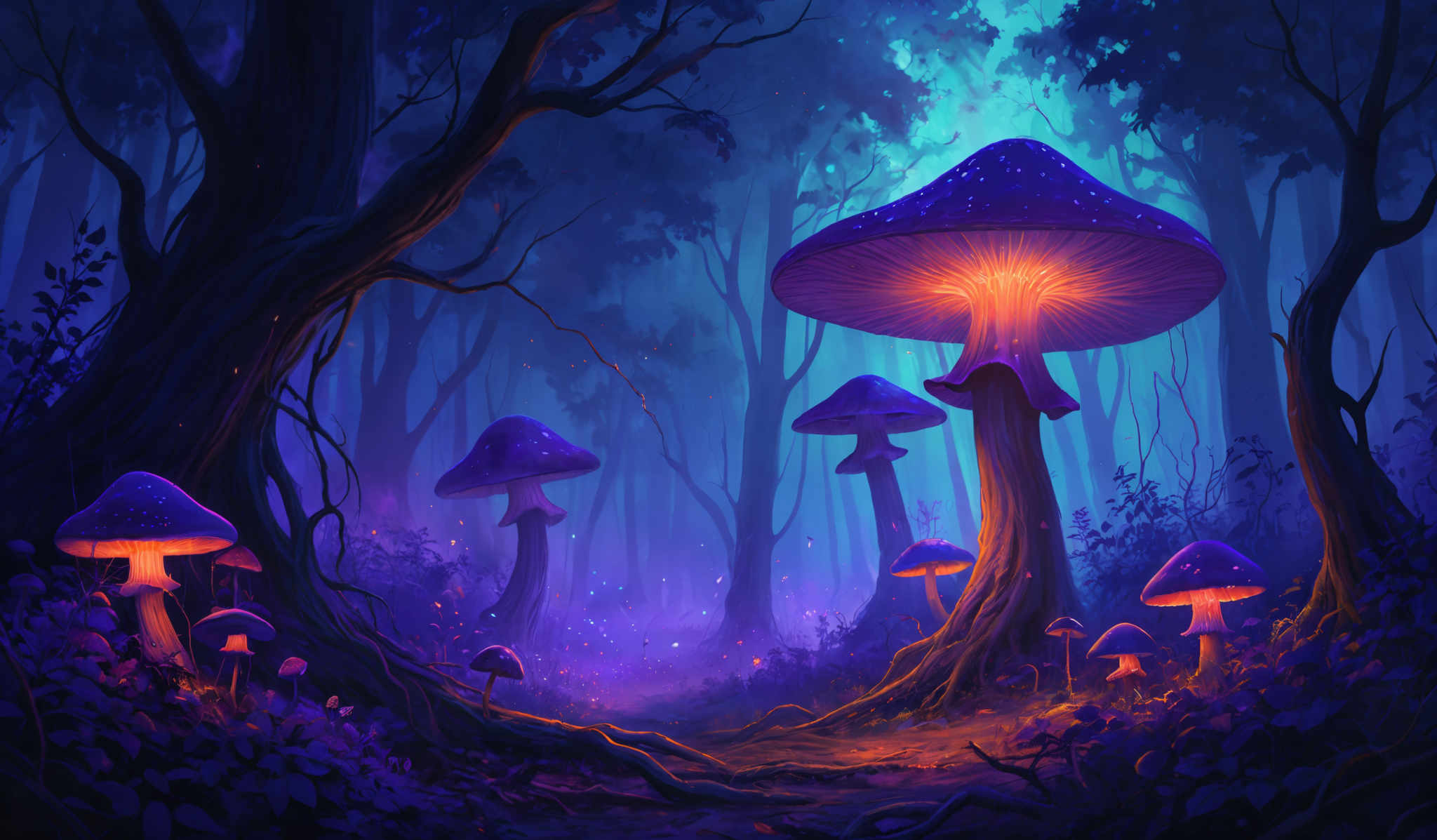 The image showcases a mystical forest scene dominated by deep blue and purple hues. The trees have gnarled and twisted trunks, and their branches are adorned with leaves that appear to be illuminated from within, giving them a luminescent quality. The ground is covered with vibrant purple flowers and foliage, and there are several large, luminescant mushrooms with blue caps and glowing orange centers. The mushroom in the center is the largest and most prominent, with its cap displaying a pattern of small white spots. The entire scene is bathed in a soft, ethereal light, creating a dreamlike atmosphere.