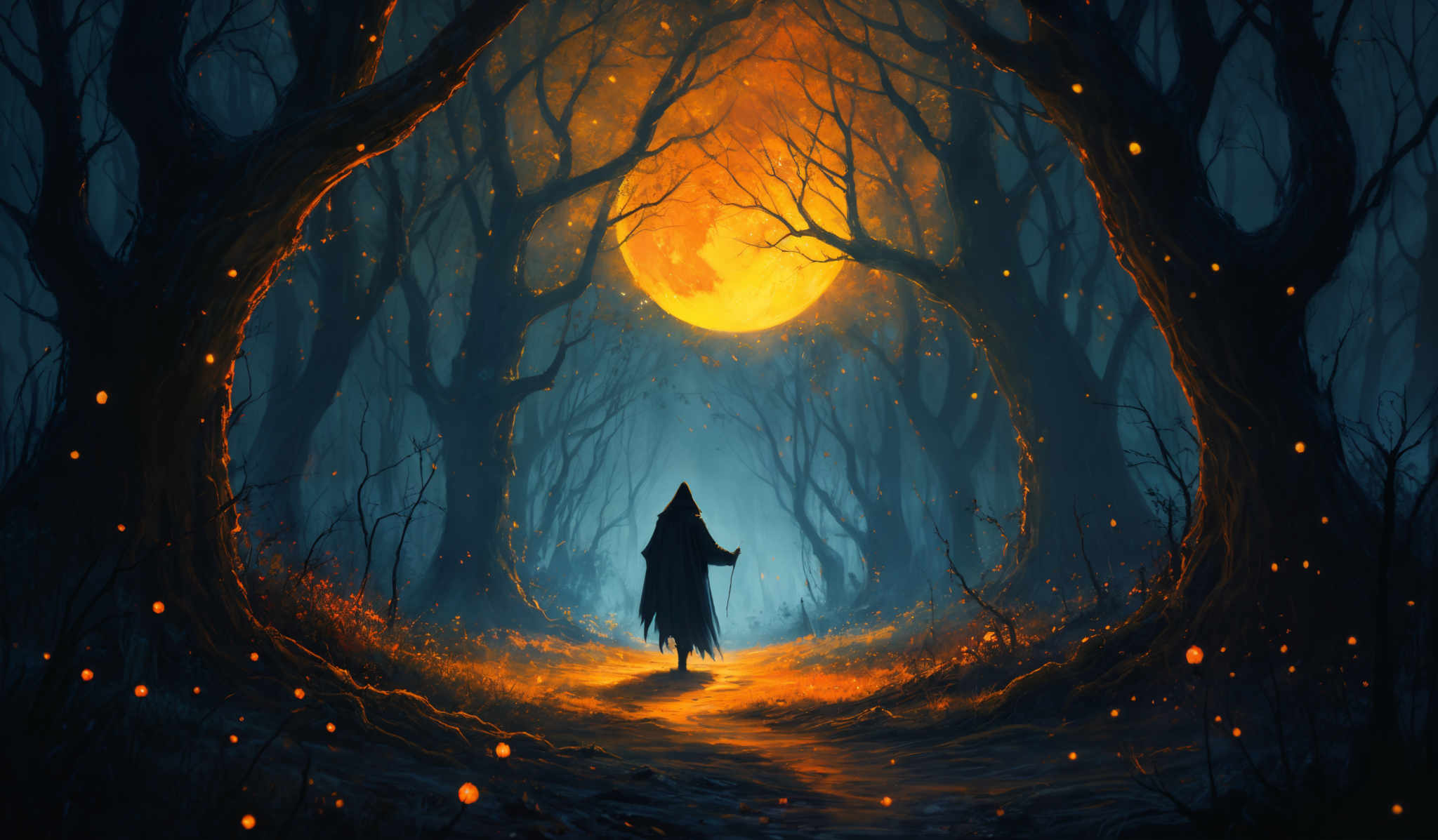 The image showcases a dark and mysterious forest with tall, twisted trees. The ground is covered with fallen leaves and there are glowing orange and yellow lights scattered throughout, possibly representing fireflies or magical entities. A large, bright moon or sun is visible in the background, casting a warm, golden light over the scene. In the center, there's a silhouette of a figure, possibly a wizard or a traveler, standing on a path and holding a staff. The overall mood of the image is enchanting and eerie.