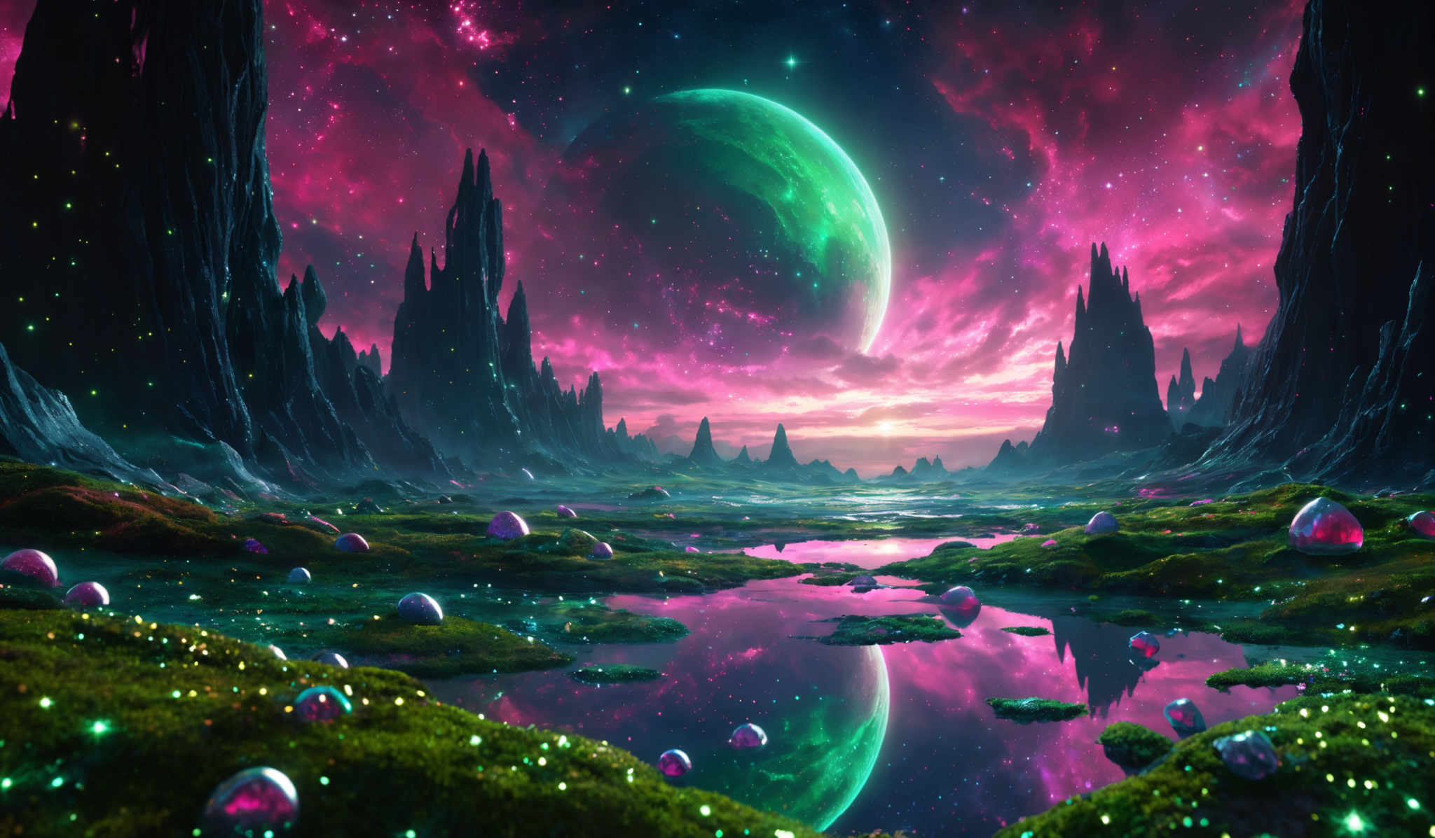 The image showcases a vibrant and mesmerizing cosmic landscape. Dominating the scene is a large, green planet that appears close to the horizon. The sky is awash with hues of pink, purple, and blue, dotted with numerous stars and nebulae. Jagged, dark rock formations rise from the ground, creating a stark contrast against the luminescent backdrop. The ground is covered in patches of green, possibly grass or moss, interspersed with shimmering, translucent orbs that reflect light. The entire scene exudes an otherworldly, dreamlike quality.