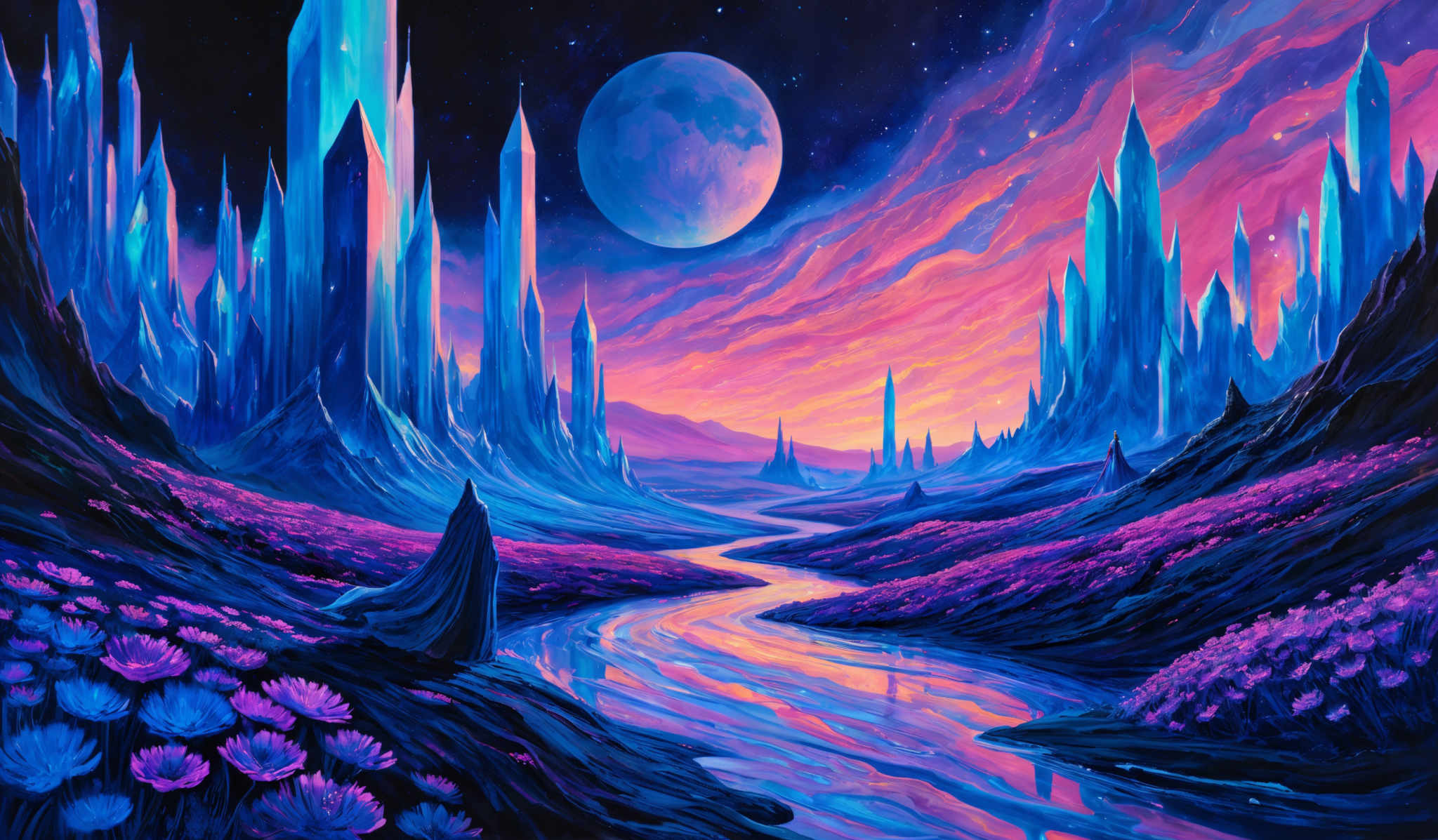 The image showcases a vibrant and surreal landscape. The dominant colors are shades of blue, pink, and purple. The landscape features tall, crystalline structures that resemble skyscrapers, standing amidst a flowing river that reflects the surrounding environment. The river winds its way through a valley filled with vibrantly colored flowers. Above, a large, luminous moon or planet illuminates the scene, casting a soft glow on the landscape. There's also a silhouette of a figure, possibly a cloaked traveler, standing on the riverbank, gazing at the distant horizon.