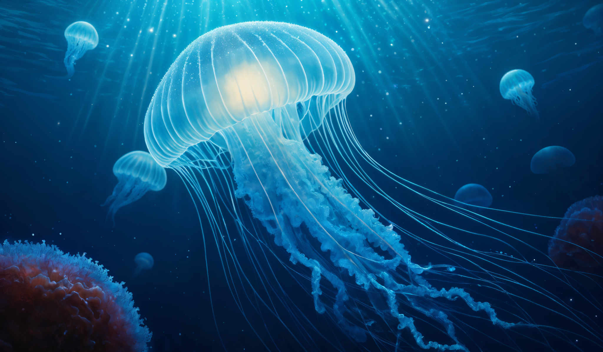 The image showcases a mesmerizing underwater scene dominated by various jellyfish. The jelly fish have a translucent, almost ethereal quality with delicate, elongated tentacles. The color palette is predominantly deep blue, with hints of lighter blue and white, especially where the sunlight penetrates the water. The background is filled with the deep blue of the ocean, punctuated by the radiant beams of sunlight filtering down, illuminating the jellyfis and creating a shimmering effect. There are also small, distant objects that resemble coral formations.