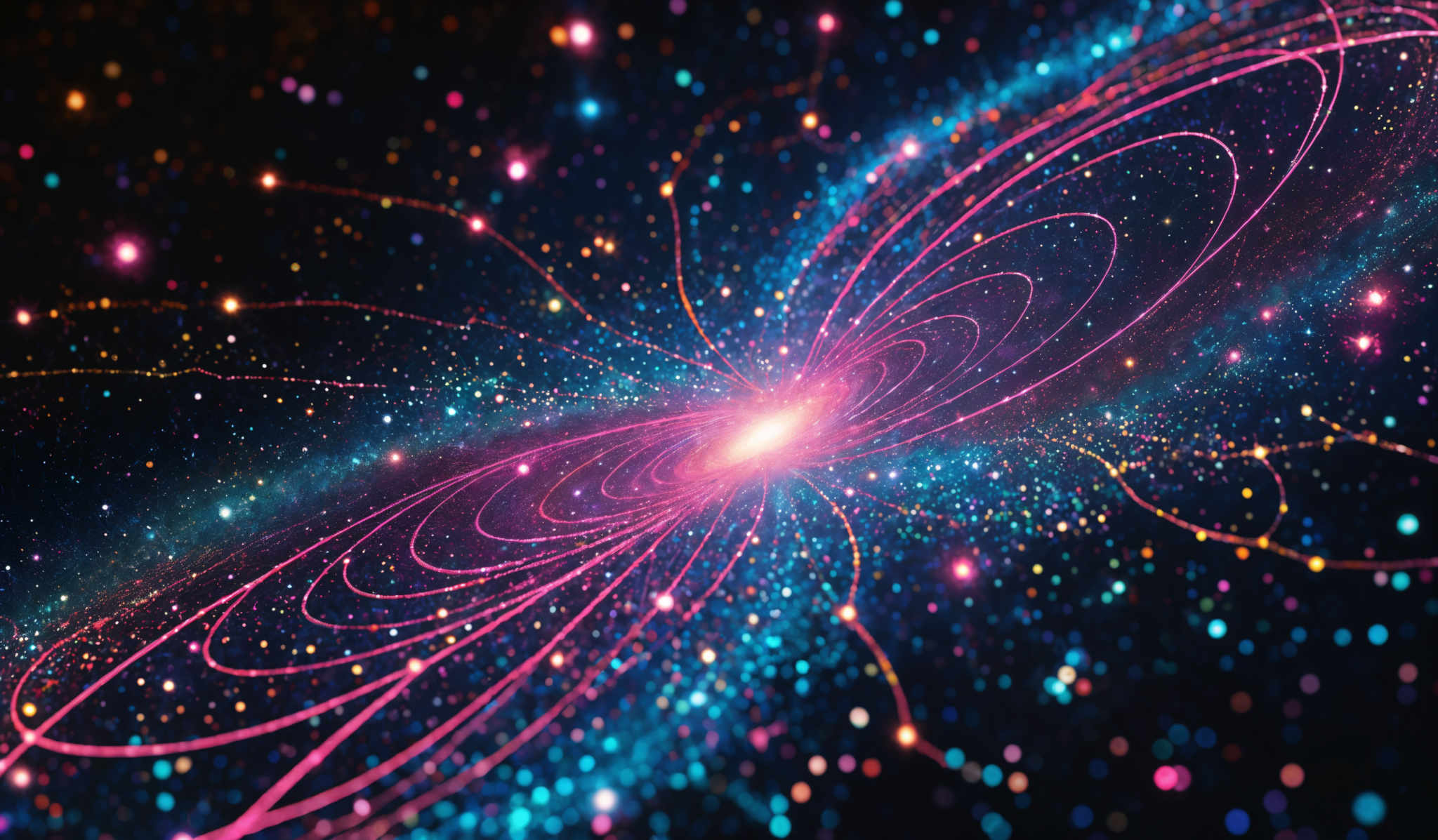 The image showcases a vibrant and mesmerizing cosmic scene. It predominantly features a swirling pattern of vivid pink and blue lines, resembling orbits or streams of energy. These lines converge towards a central point, emanating a bright glow. Surrounding this central point are numerous tiny, glowing dots, possibly representing stars or distant galaxies. The background is a deep blue, dotted with more distant stars, giving the impression of a vast, infinite universe.