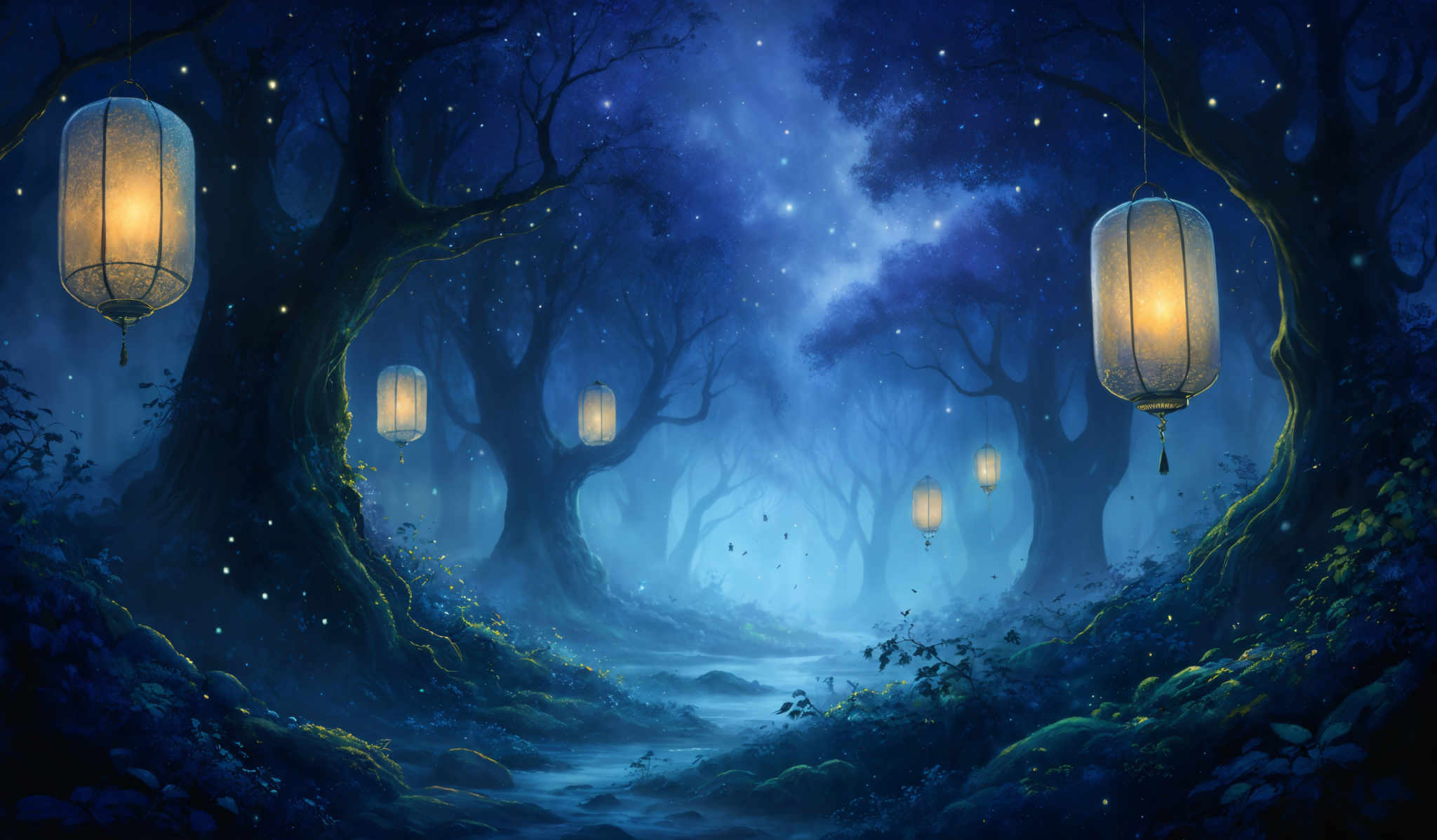 The image showcases a serene and mystical forest scene. The dominant colors are various shades of blue, representing the night sky and the forest ambiance. The trees are tall and have an intricate, twisted shape, with their branches reaching out in different directions. Hanging from the trees are illuminated lanterns, emitting a warm, golden glow. The ground is covered with lush vegetation, including ferns, moss, and other plants. A gentle stream flows through the forest, reflecting the lantern lights. The sky above is filled with stars, adding to the magical ambiance of the scene.