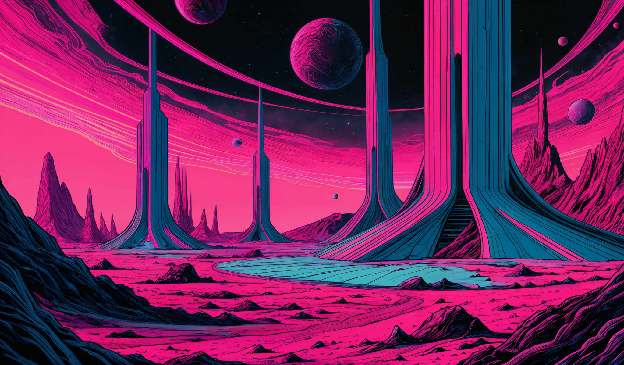 The image showcases a vibrant and surreal landscape. Dominated by hues of pink, red, and blue, the scene features towering, curved structures that resemble futuristic skyscrapers or alien towers. These structures are set against a backdrop of swirling cosmic clouds and multiple celestial bodies, including planets and moons. The foreground of the image displays a rugged terrain with sharp rock formations, and there's a winding pathway leading towards the towering structures. The overall ambiance of the picture is both mysterious and awe-inspiring, evoking feelings of wonder about the unknown.