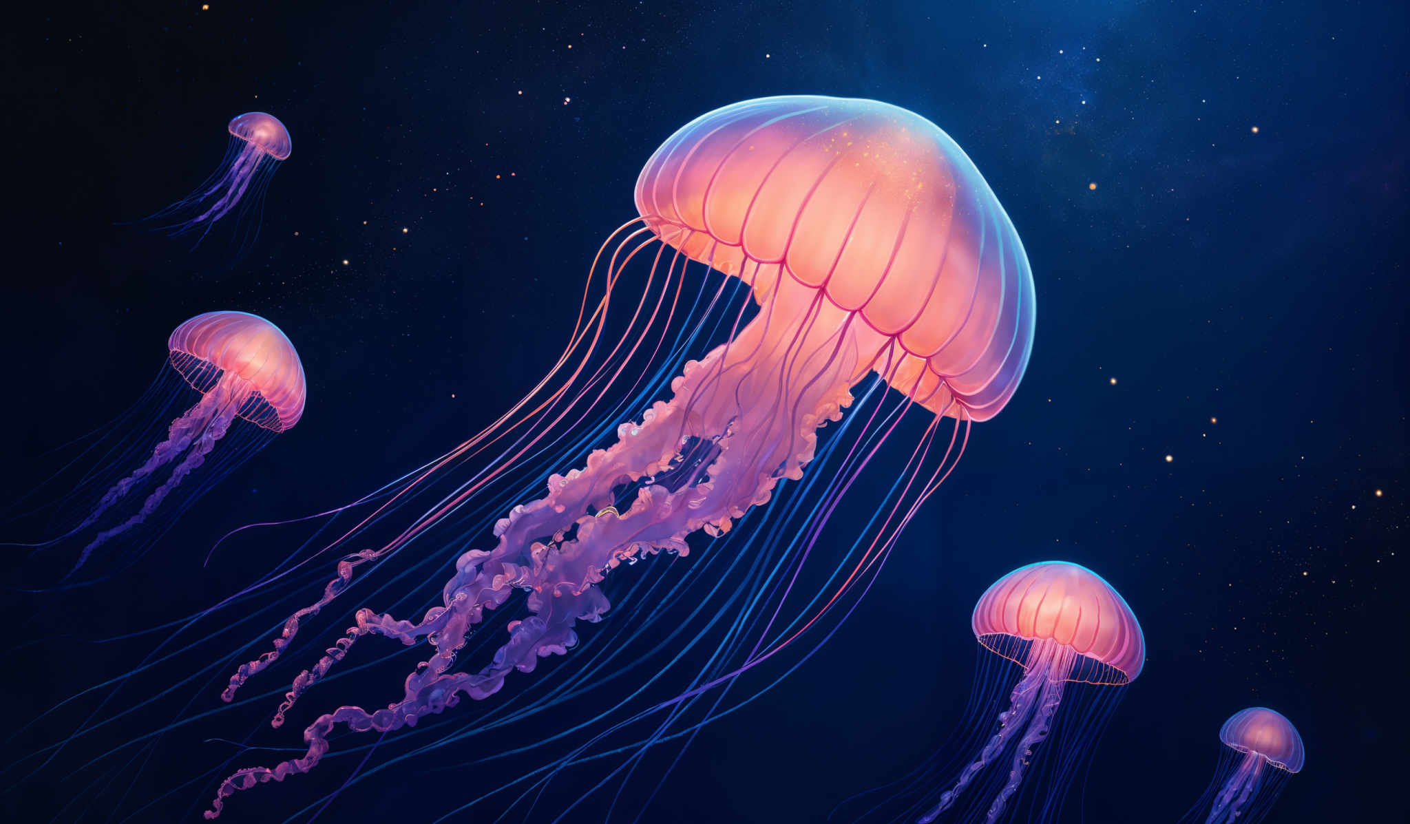 The image showcases a group of jellyfish floating in a deep blue space filled with stars. The jelly fish have a translucent, almost ethereal appearance with a luminescent glow. Their tentacles are long and delicate, trailing behind them in the water. The central jelly has a more pronounced and larger dome-shaped bell, and its tentacles have a richer, more vibrant color compared to the others. The background is a deep, starry night sky, adding to the mystical ambiance of the scene.