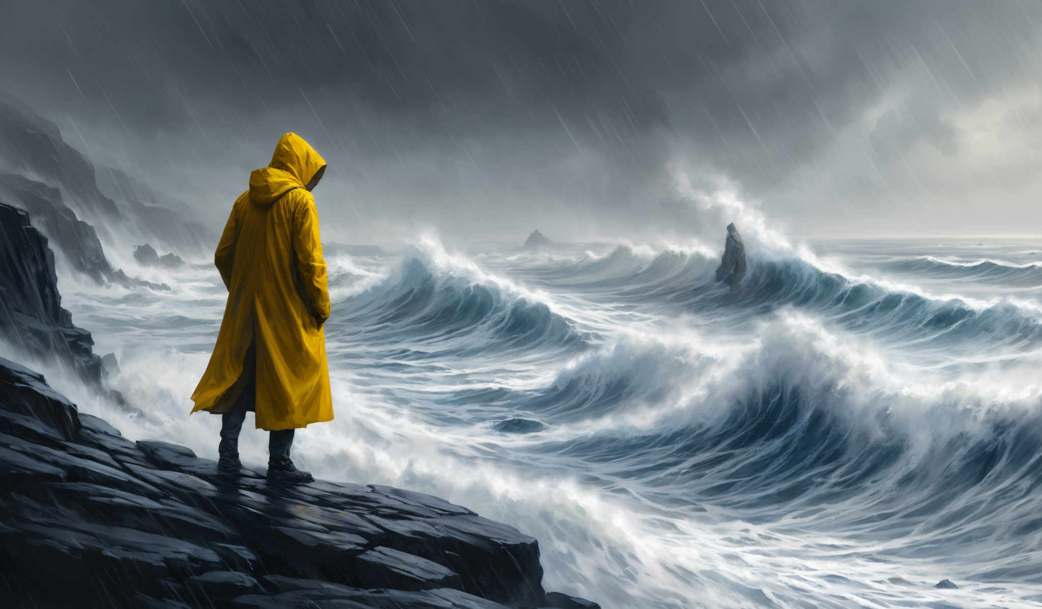 The image showcases a dramatic scene of a vast ocean with turbulent waves crashing against rugged cliffs. The sky is overcast with dark, heavy clouds, suggesting an impending storm. The color palette is dominated by shades of gray, blue, and white, with the exception of a solitary figure in the foreground. This figure is clad in a bright yellow raincoat, standing on a rocky outcrop, looking out at the sea. The waves are depicted with intricate detail, capturing their power and movement. The overall mood of the image is one of solitude, contemplation, and the awe-inspiring might of nature.