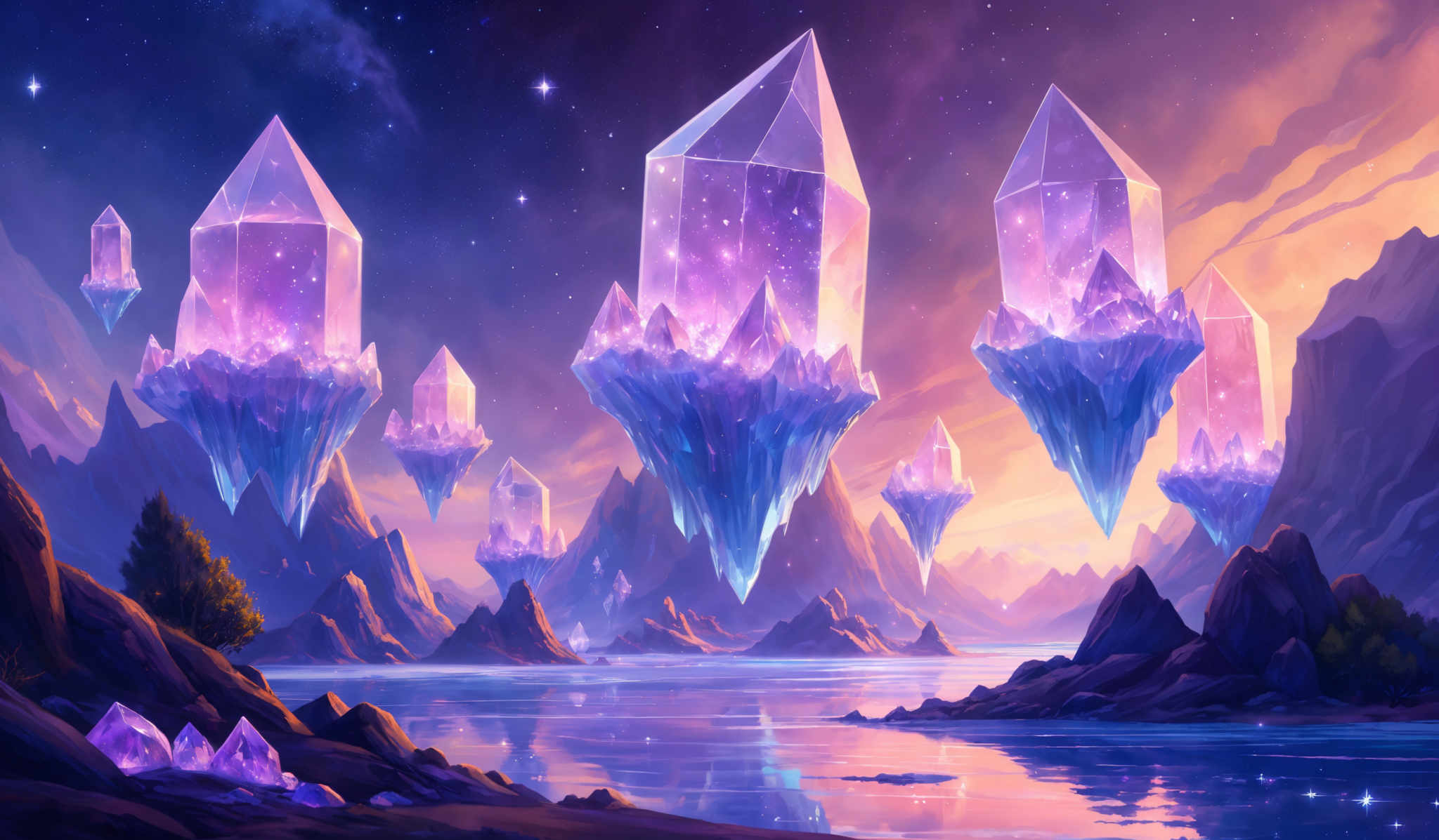 The image showcases a surreal landscape with towering crystalline structures floating amidst a mountainous terrain. These crystals are elongated and tapered, with a translucent purple hue that emanates a soft glow. They are surrounded by jagged mountains, some of which are illuminated by the setting or rising sun, casting a warm orange and pinkish hue on the scene. The sky is dotted with stars, and there's a serene body of water reflecting the colors of the sky and the crystalls.