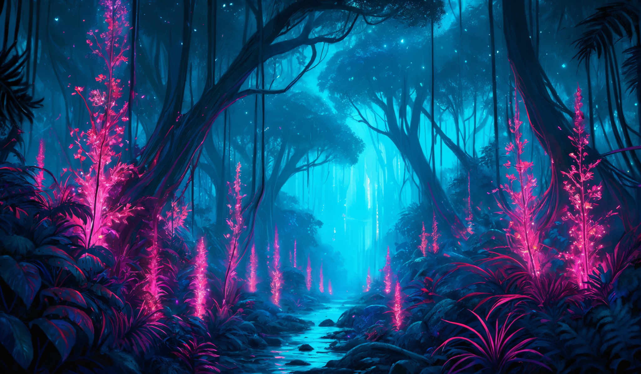 The image showcases a vibrant and mystical forest scene. The dominant colors are shades of blue, pink, and purple, creating a surreal and dreamy atmosphere. The trees have a tall and slender shape, with their trunks and branches intricately intertwined. The ground is covered with lush vegetation, including ferns, flowers, and other plants. A serene stream flows through the forest, reflecting the surrounding beauty. The sky above is filled with a soft glow, suggesting either a sunrise or sunset.