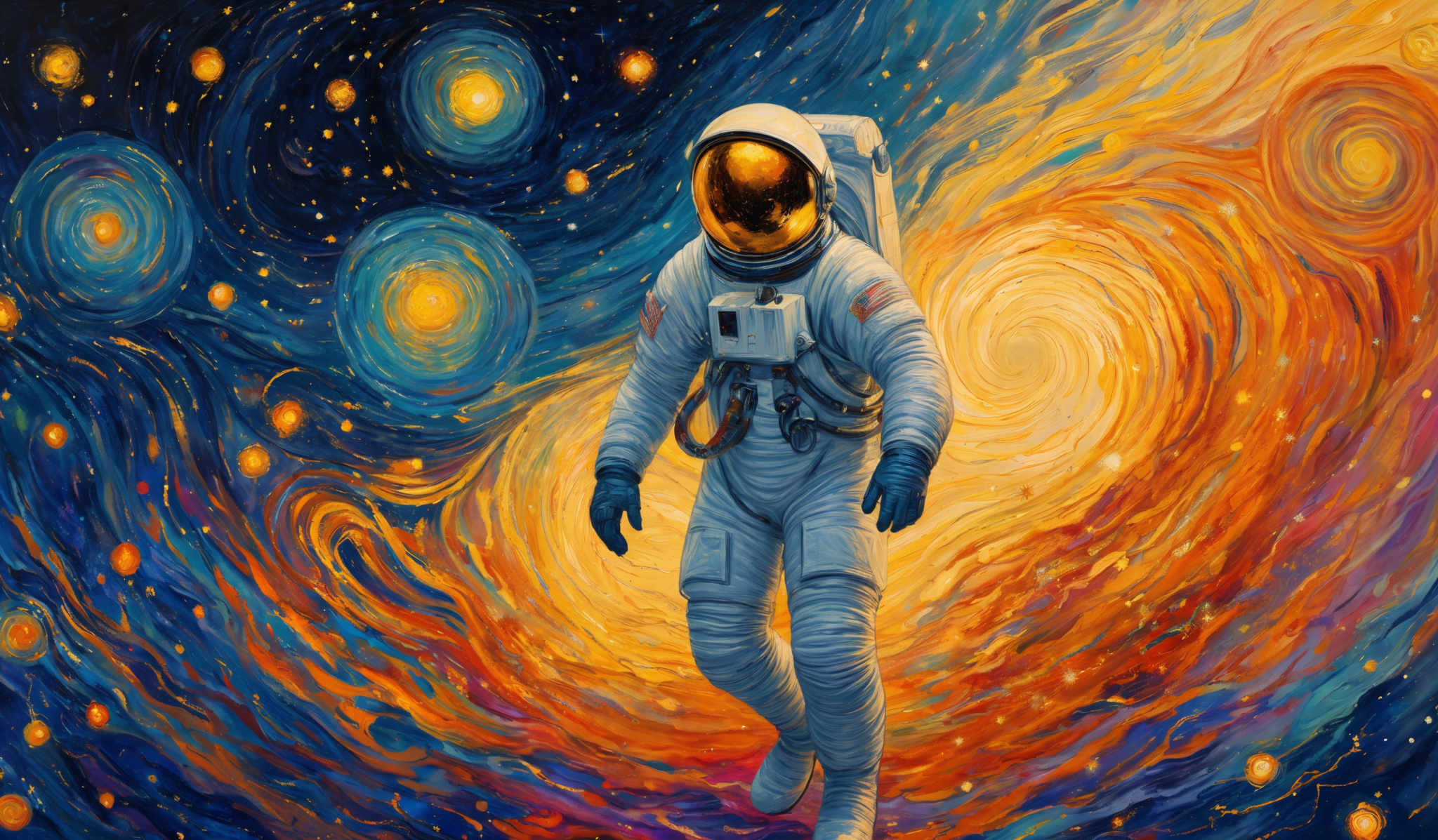 The image showcases a vibrant and swirling cosmic scene with swirled patterns of blue, orange, and red. There are multiple bright, glowing orbs scattered throughout the image, resembling stars or celestial bodies. Dominating the center is an astronaut in a full spacesuit, floating amidst the cosmic backdrop. The astronaut's helmet reflects a golden hue, and the suit is detailed with various equipment and patches.