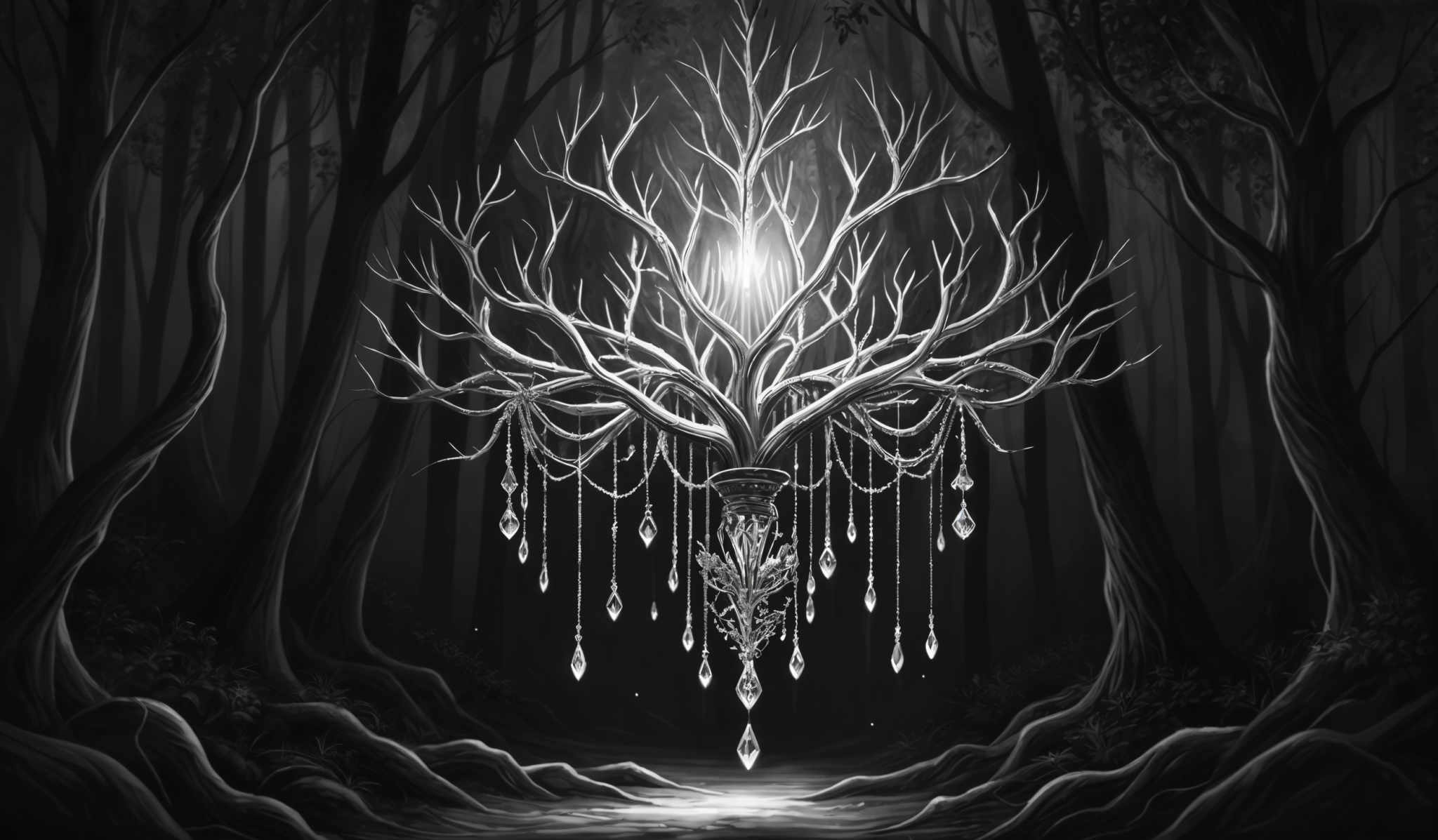 The image is predominantly in shades of black, white, and gray. It showcases a dark, eerie forest with tall, slender trees whose branches seem to stretch out in all directions. At the center of the image, there's a chandelier-like structure made of tree branches, with pendants hanging from it. The pendents appear to be crystalline or gem-like, reflecting light in a way that illuminates the surrounding area. The ground is uneven, with roots and rocks visible, and there' s a small stream or pathway that reflects the light from the chandeliere.