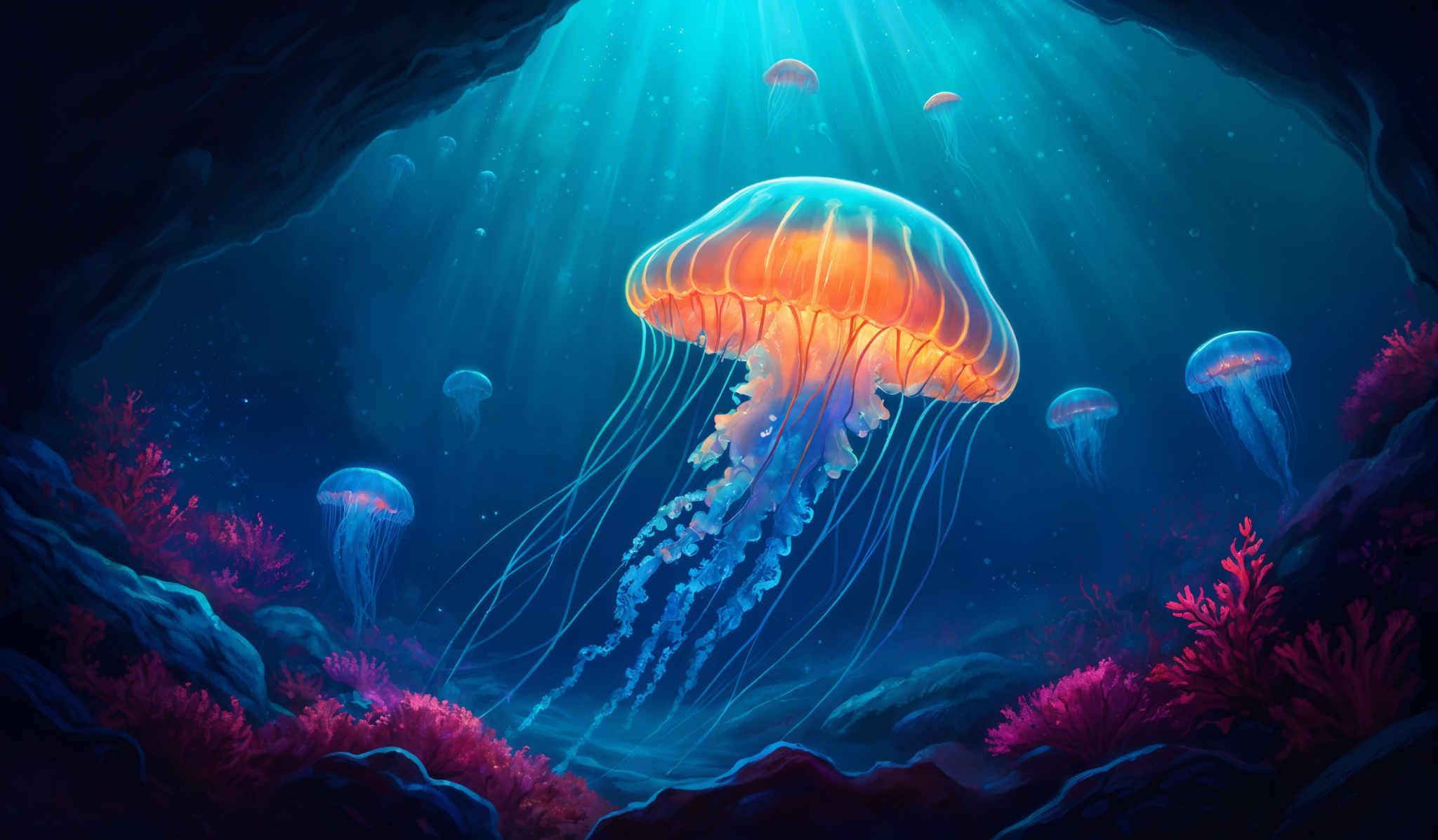 The image showcases a vibrant underwater scene. The dominant colors are shades of blue, representing the deep ocean, and hues of orange and pink, representing bioluminescent marine life. The shape of the main jellyfish is dome-shaped with long, delicate tentacles trailing behind. There are multiple smaller jellyflies floating in the background. The seabed is adorned with coral formations in shades pink and purple, giving the impression of a lively marine ecosystem.