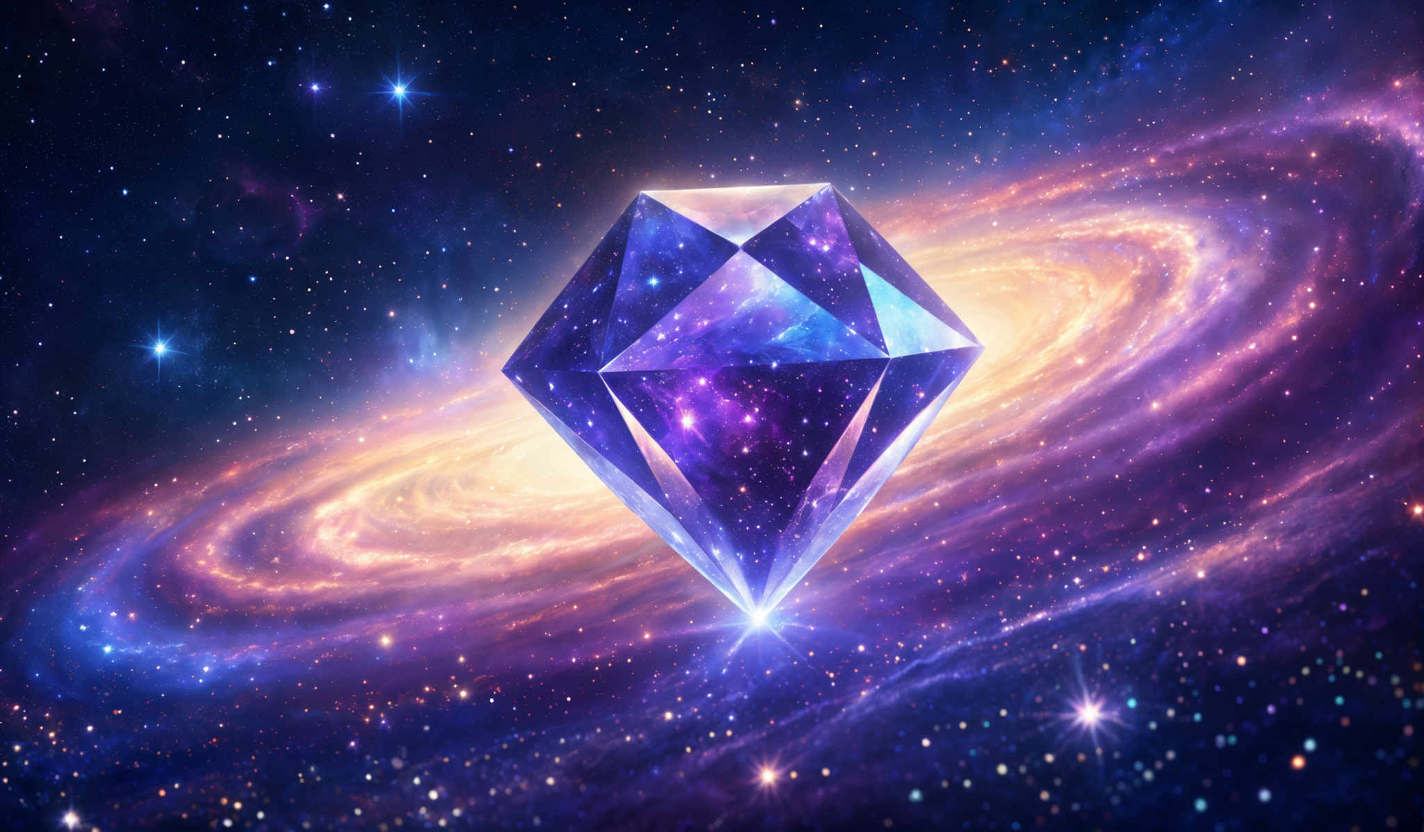 The image showcases a cosmic background with swirling galaxies, stars, and nebulae. Dominating the center is a large, crystalline, geometric shape resembling a diamond or a prism. This shape is filled with a vibrant mix of purples, blues, and whites, suggesting a celestial or mystical essence. The geometric shape seems to be emanating or reflecting light, further emphasizing its prominence against the cosmic backdrop.