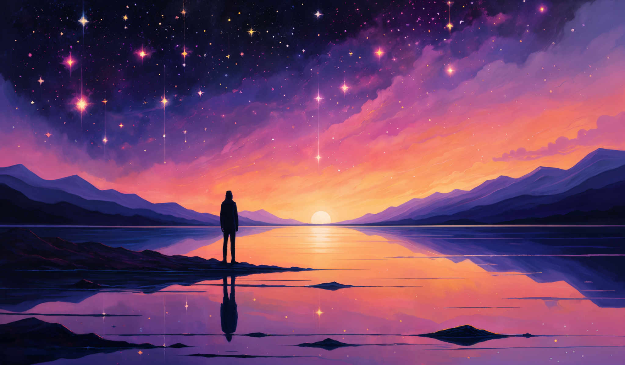 The image showcases a vibrant and mesmerizing landscape. The sky is painted in hues of purple, pink, and blue, with numerous stars shining brightly. The ground features a silhouette of a lone figure standing by a serene body of water, which reflects the colors of the sky. In the distance, there are mountain ranges, and the horizon shows a setting or rising sun, casting a warm orange and yellow glow. The overall scene evokes a sense of wonder and tranquility.