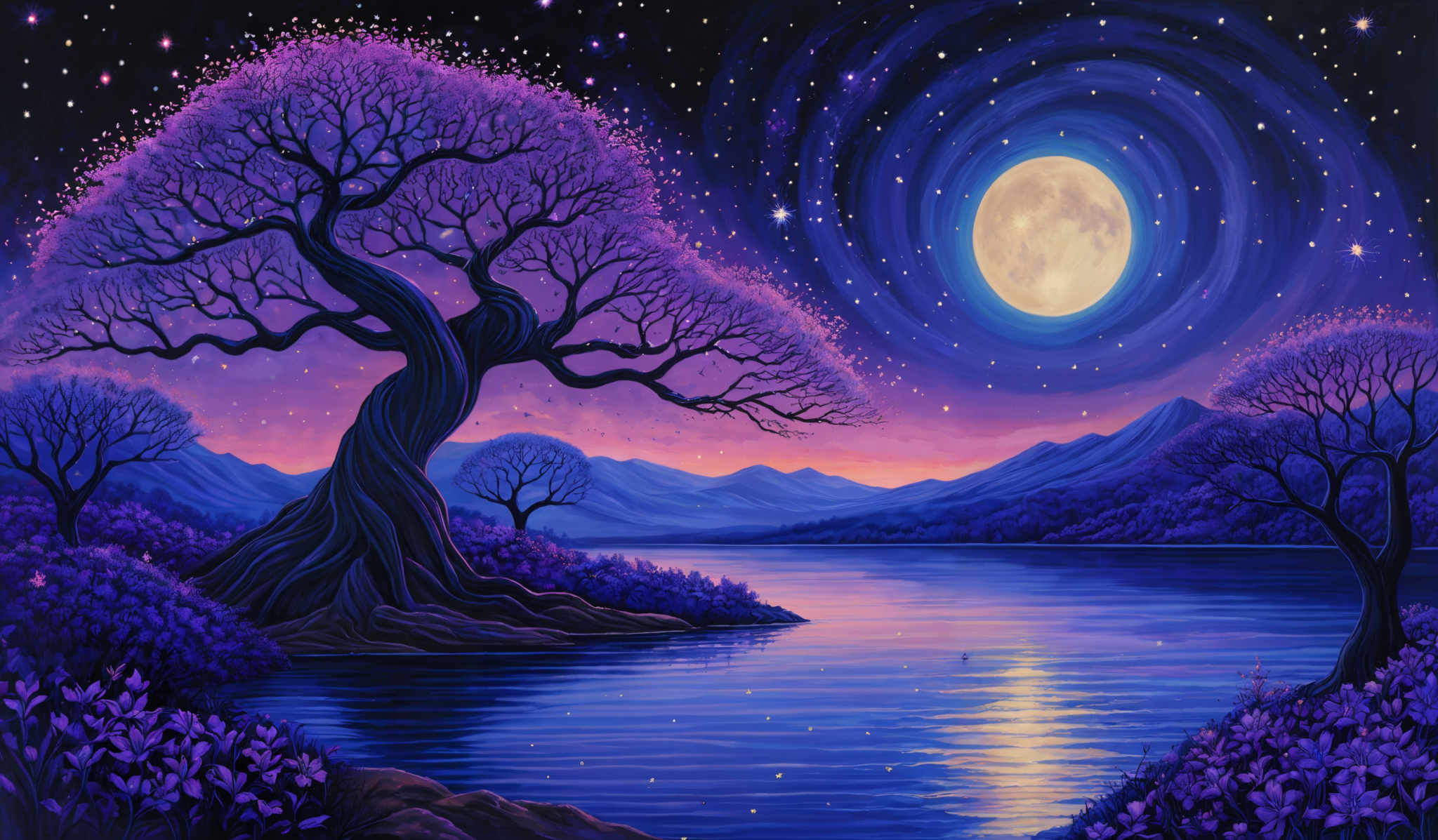 The image showcases a vibrant and surreal landscape. The dominant colors are shades of purple, blue, and pink. The central feature is a large, twisted tree with purple blossoms, situated beside a serene body of water. The tree's reflection can be seen in the water. Above, the sky is painted in deep purple hues, with a swirling pattern of stars and a large glowing moon. The moon's light casts a golden reflection on the water, creating a contrast with the surrounding colors. In the background, there are mountain ranges and more trees, all bathed in the same ethereal light.