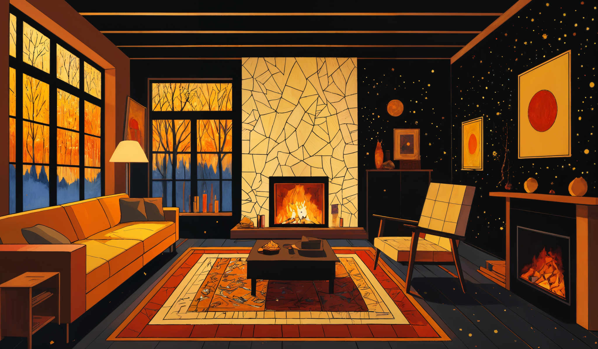 The image showcases a cozy indoor setting during what appears to be autumn. The dominant colors are warm hues of orange, brown, and black. The room features a large window on the left, which offers a view of trees with fiery orange leaves, suggesting a sunset or sunrise. The fireplace is the focal point, with a crackling fire and a unique geometric design on its front. To the right, there's a fireplace with a lit fire. The walls are adorned with various artworks, including a large circular painting with a red hue and another with a geometric pattern. There's also a framed picture of a person on the wall. The floor is covered with a patterned rug, and a few decorative items, like vases, are placed around the room.