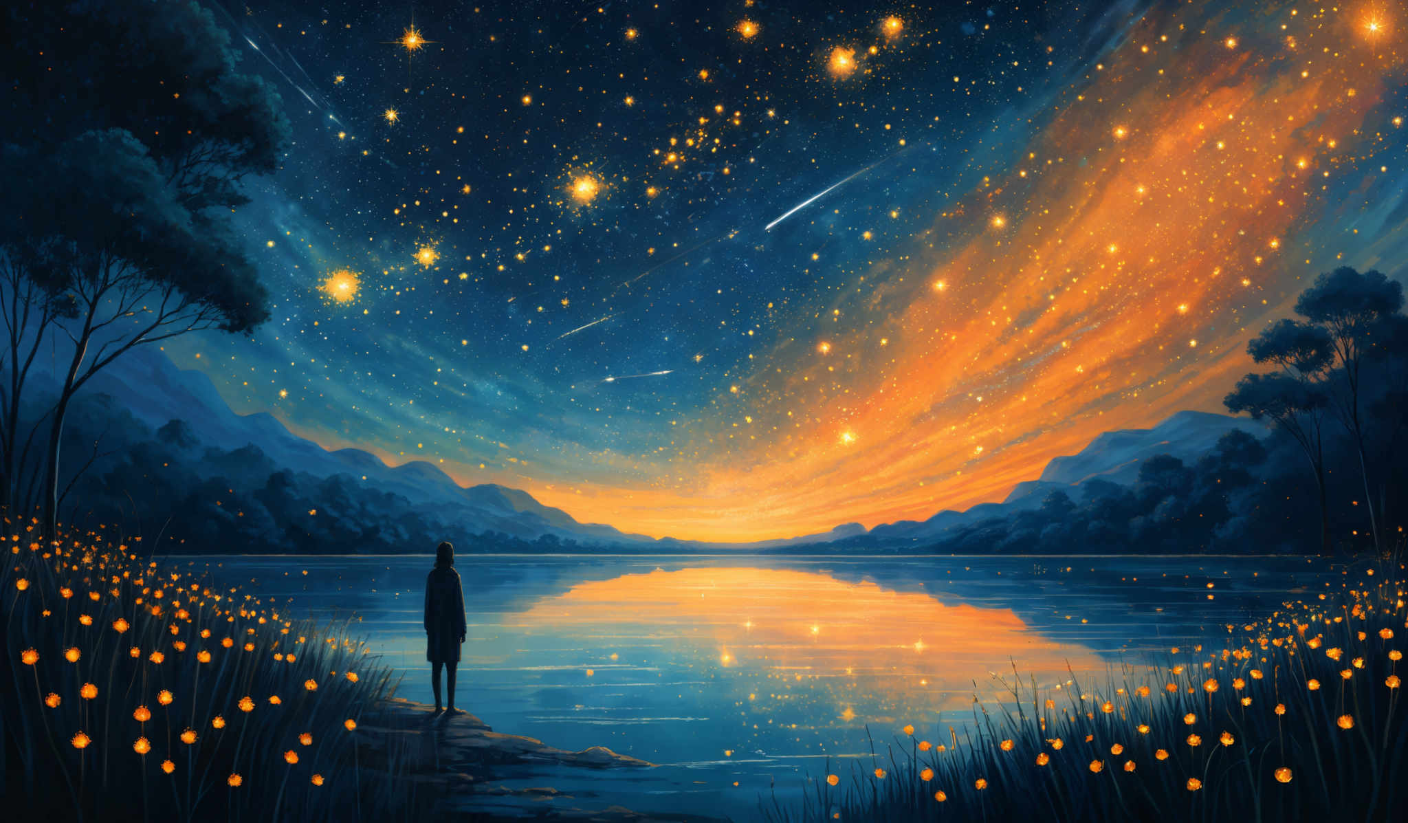 The image showcases a breathtaking landscape during what appears to be dusk or dawn. The sky is painted with a myriad of colors, transitioning from deep blues to fiery oranges and reds. It's dotted with numerous stars, some of which are brighter than others, and a few shooting stars streak across the sky. The horizon reveals a serene body of water, reflecting the colors of the sky and the silhouette of a distant mountain range. On the foreground, there's a lone figure standing by the water's edge, surrounded by a field of glowing fireflies. The trees on the left and right sides add depth to the scene, with their dark silhouettes contrasting against the vibrant backdrop.