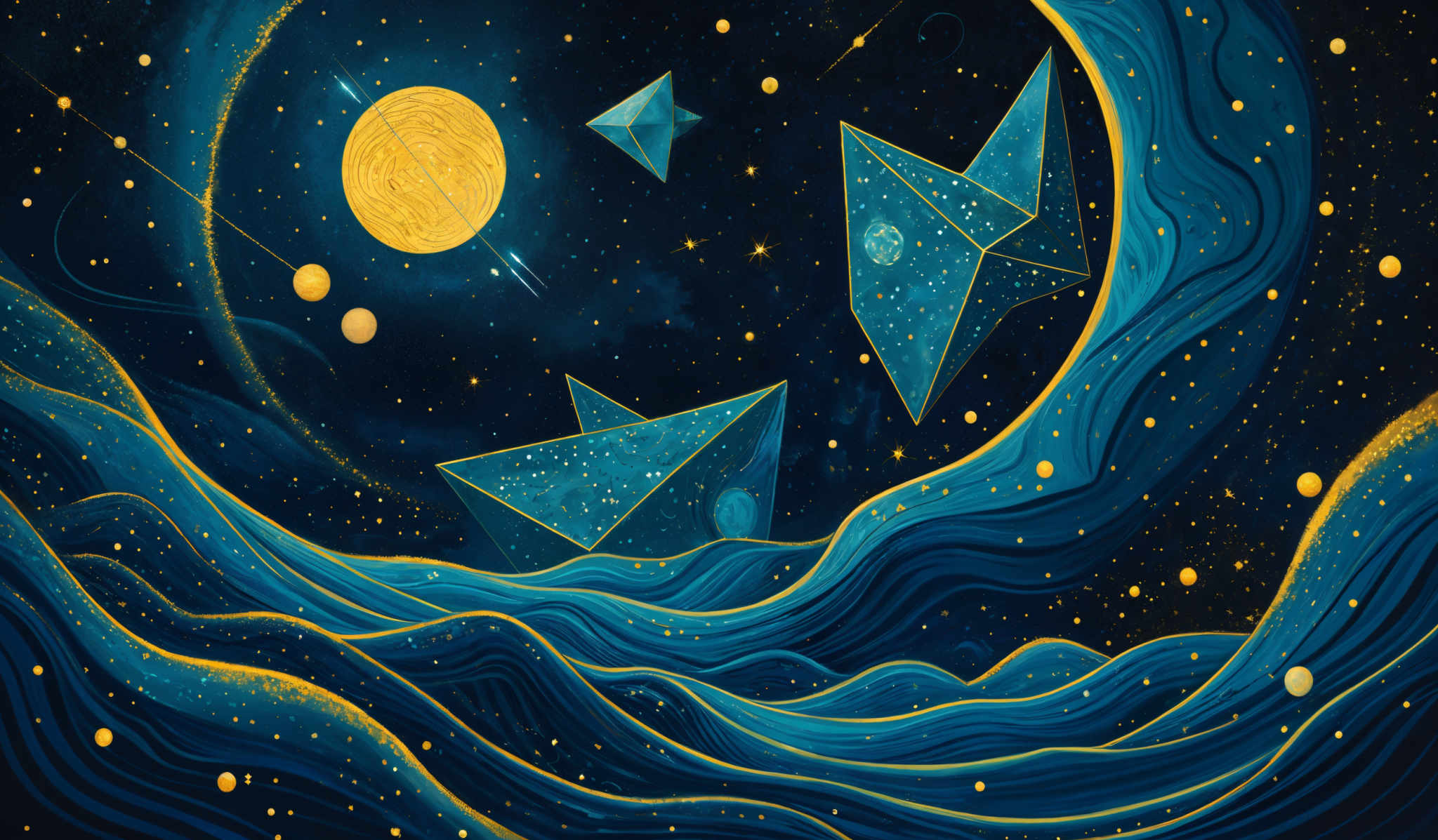 The image showcases a vibrant and mesmerizing cosmic scene. Dominated by deep blues and golden hues, it features a vast expanse of space filled with stars, nebulae, and celestial bodies. The foreground is adorned with flowing, wavy patterns that resemble waves or perhaps the undulating surface of a celestIAL body. These patterns are in shades of deep blue, which contrast beautifully with the golden specks that represent distant stars and other celestrial objects. There are also geometric shapes, specifically three prism-like structures, floating amidst the vastness. These prisms are tinted in a translucent blue, and they seem to be made of some crystalline material, reflecting the light from the surrounding space.