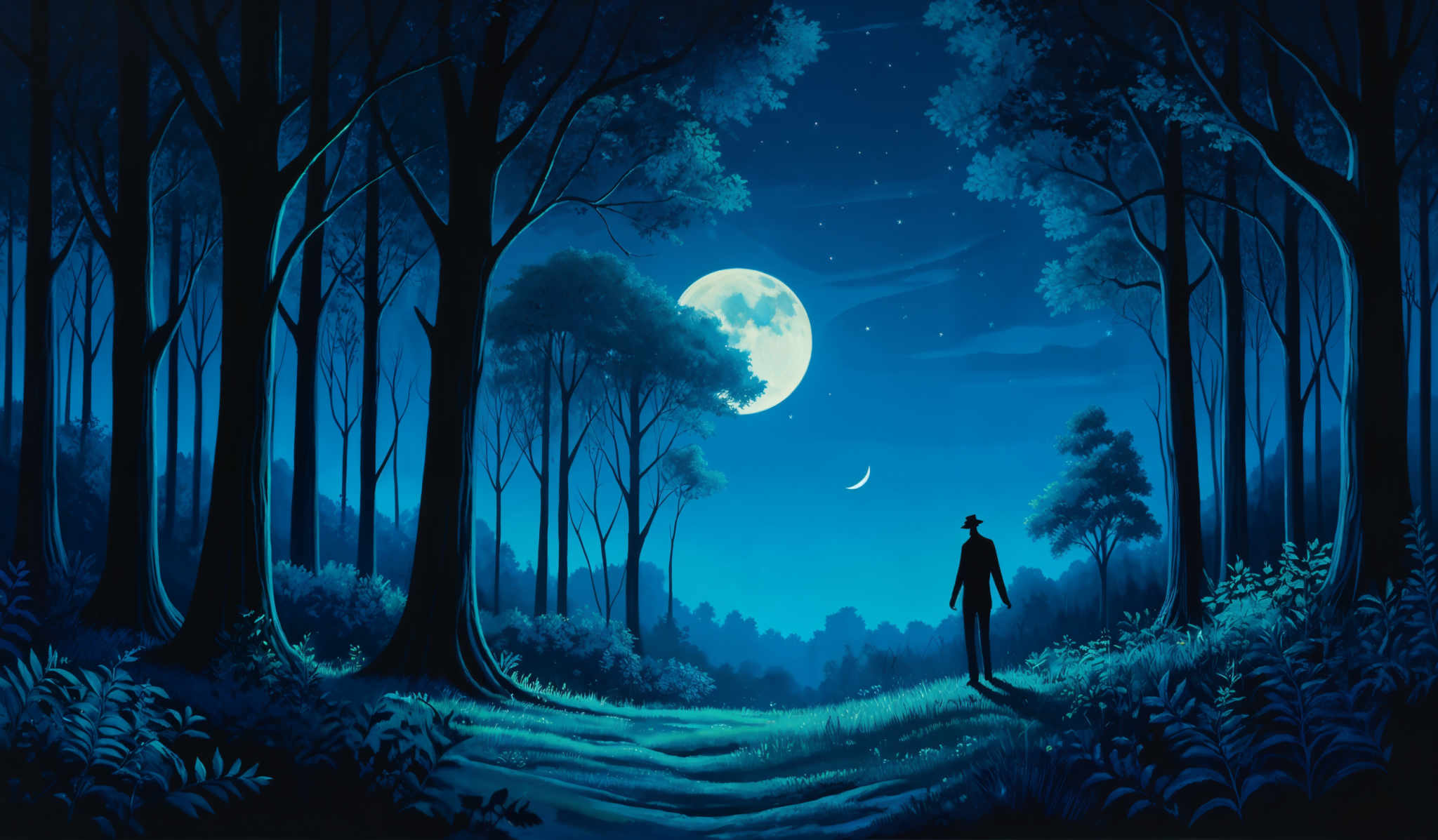 The image showcases a serene nighttime scene in a dense forest. The dominant colors are various shades of blue, ranging from deep navy to lighter hues, creating a cool and tranquil ambiance. The forest is characterized by tall, slender trees with their branches extending upwards, interspersed with foliage that glows in the moonlight. A prominent full moon illuminates the sky, casting a soft glow on the forest floor. A solitary figure, possibly a man, stands in the foreground, gazing at the moon and the surrounding beauty. The silhouette of the figure, along with the trees and foliages, adds a sense of mystery and contemplation to the scene.