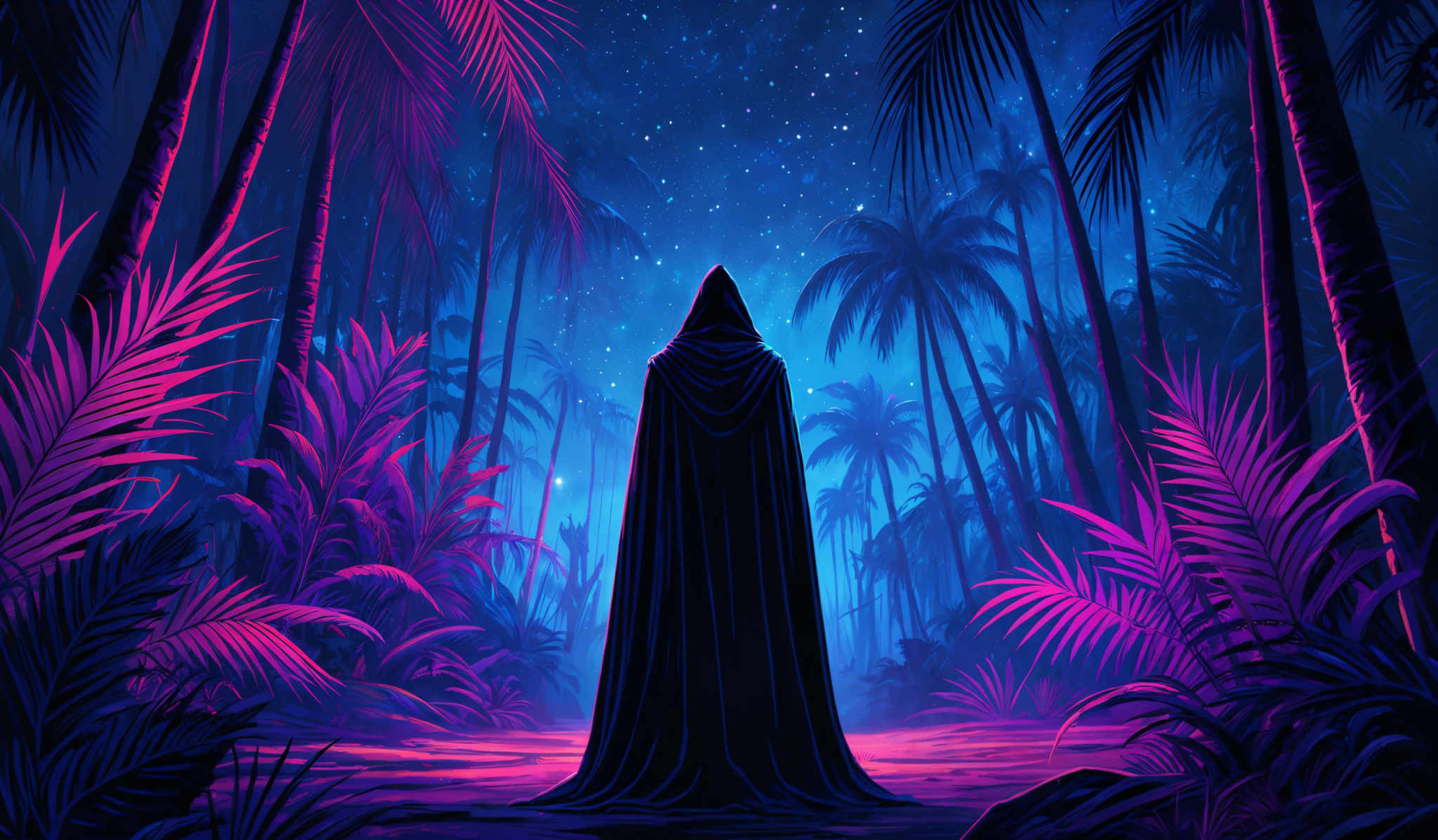 The image showcases a vibrant and neon-lit tropical forest at night. The dominant colors are shades of blue, purple, and pink. The forest is dense with tall palm trees, and the ground is covered with various types of tropical plants. A central figure, draped in a long cloak or robe, stands with their back to the viewer, facing the starry sky. The overall ambiance is mystical and serene.