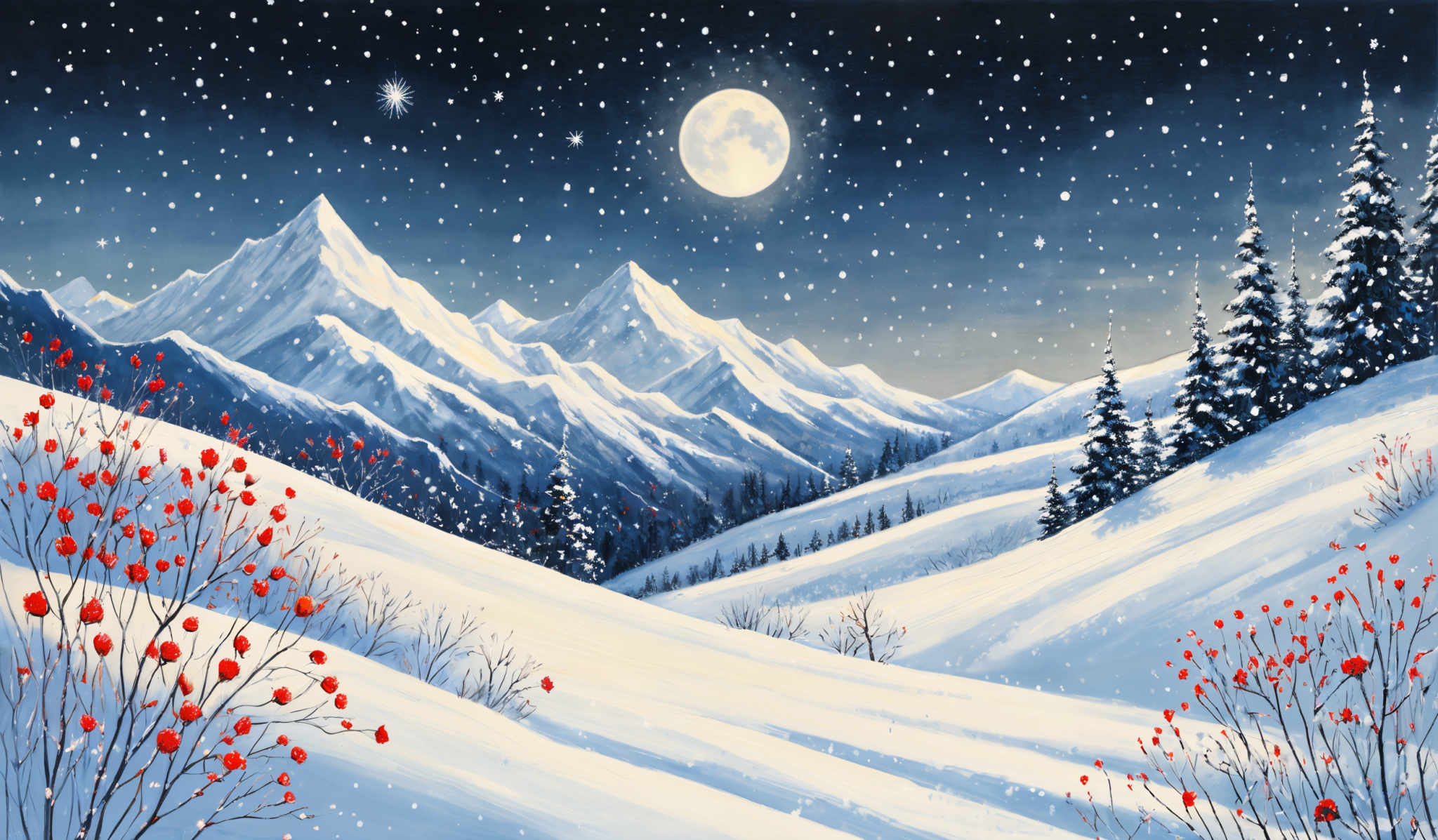 The image showcases a serene winter landscape. The dominant colors are shades of blue, white, and red. The sky is painted in deep blue, dotted with white snowflakes and a bright full moon. The mountains, covered in snow, have sharp peaks and are painted in varying shades from light blue to dark blue. The foreground features snow-covered ground with red berries on thin branches. There are also tall, snow-clad pine trees on the right side of the image, adding to the wintry ambiance.