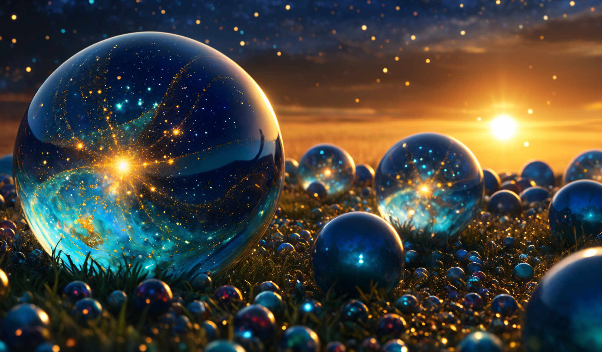 The image showcases a mesmerizing landscape dominated by a large, translucent blue sphere in the foreground. This sphere contains a vivid representation of a galaxy or nebula, with bright stars, swirling patterns, and radiant blue hues. Surrounding this central sphere are numerous smaller, similar translucene orbs, each reflecting a different part of the universe or cosmic elements. The ground is covered in what appears to be grass or some form of vegetation, and the horizon is illuminated by the warm glow of a setting or rising sun, casting a golden hue over the entire scene.