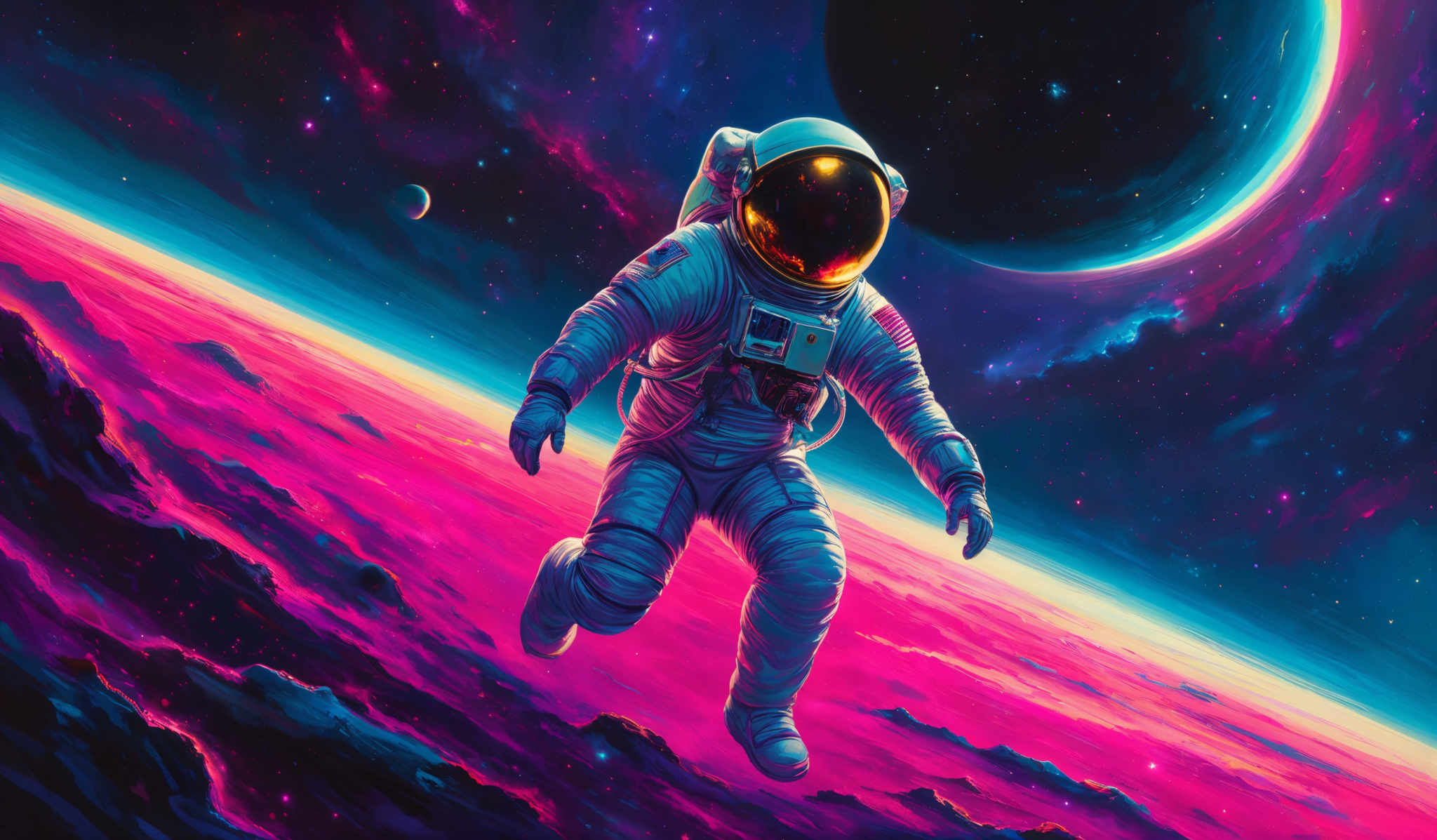 The image showcases a vibrant cosmic scene with a myriad of colors ranging from deep blues to fiery reds. Dominating the foreground is an astronaut in a spacesuit, floating amidst a nebulous cloud of pinkish-red gas. The astronaut's visor reflects a golden hue, possibly from a nearby star or planet. In the background, there's a large planet or moon with a dark, almost black, surface. Surrounding it are radiant cosmos clouds in shades of purple, blue, and pink, dotted with numerous stars.