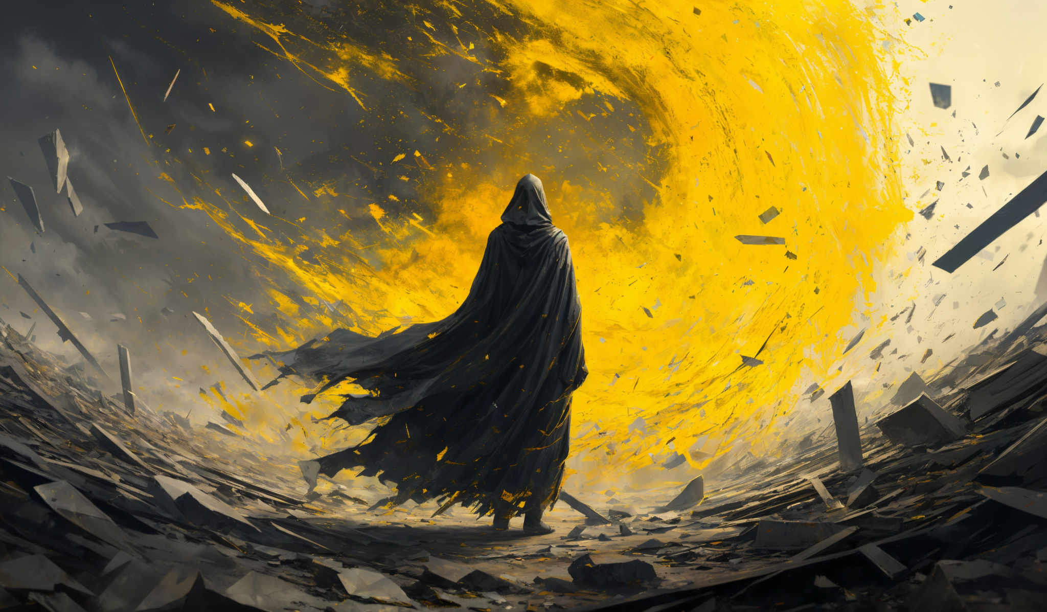 The image predominantly features a vibrant yellow, reminiscent of a fiery explosion or a sunburst. This yellow forms the central focus, with shards of debris and fragments flying around, suggesting a scene of destruction or chaos. The shape is dynamic, with the yellow energy radiating outwards in a swirling pattern. In the foreground, there's a figure draped in a dark cloak, standing amidst the debrisk, facing the explosion. The cloak flows dramatically, and the overall atmosphere is intense and dramatic.